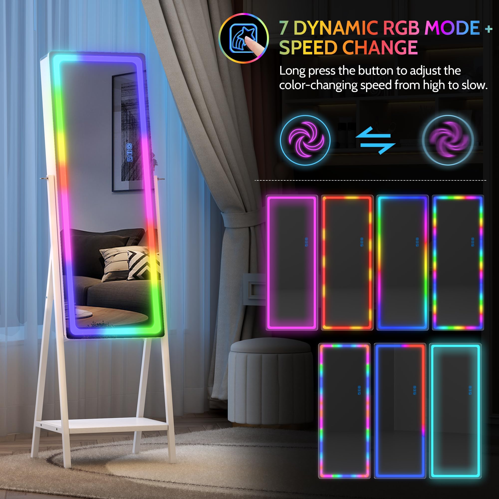 LVSOMT White Full-Length LED Jewelry Mirror Cabinet with 14 RGB Lights - Dimmable & Adjustable Speed Standing Jewelry Armoire Organizer - Perfect for Bedroom, Dressing Room and Vanity Makeup Area
