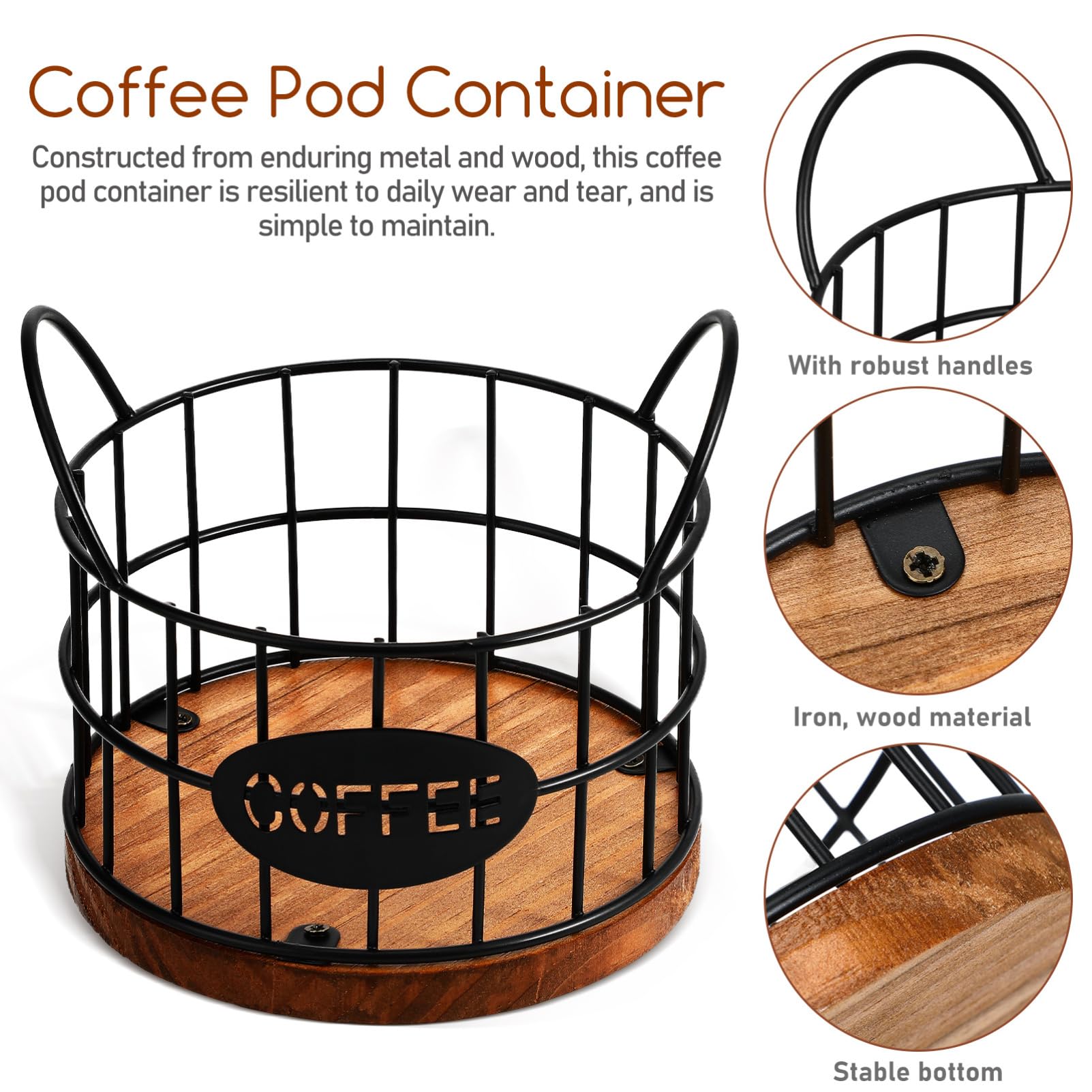 Sturdy Wire Coffee Pod Holder with Wooden Base & Handles - Countertop Storage Organizer for Keurig K-Cups & Nespresso Capsules - Perfect for Home, Hotel, Coffee Bar & Office Use