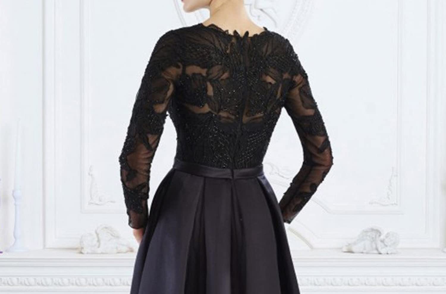Elegant Black Lace Long Sleeve Round Neck Evening Dress for Women - Perfect for Formal Events, Parties & Special Occasions