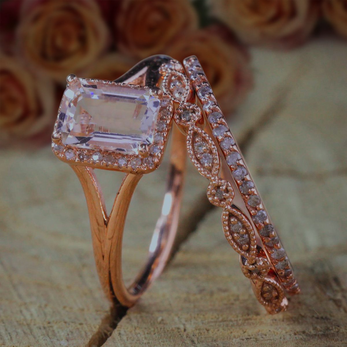 2 Carat Emerald Cut Morganite & Moissanite Diamond Trio Ring Set - 1 Engagement Ring & 2 Wedding Bands in 18k Gold Plating | Elegant Bridal Jewelry for Proposals, Weddings & Anniversaries