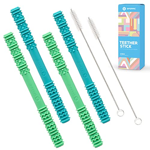 Soft Silicone Baby Teething Tubes - BPA-Free Teether Toys for Soothing Sore Gums | Includes Cleaning Brush | Easy to Clean | Perfect for Home, Travel & Daycare Use (Blue)