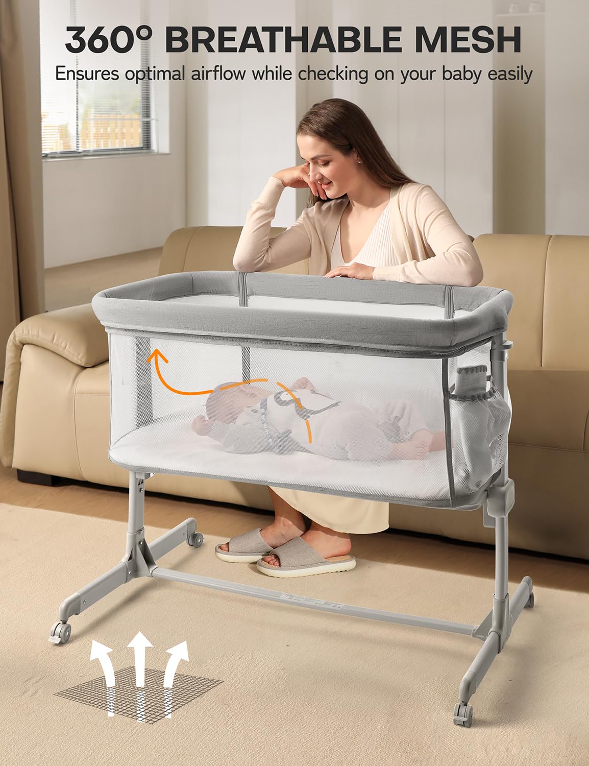 Besrey Baby Bassinet Bedside Sleeper – Breathable Mesh Crib for Newborns with Comfort Mattress, 7-Level Height Adjustment & 360° Swivel Wheels – Portable Infant Bed with Storage Pockets for Nursery, Bedroom, and Travel