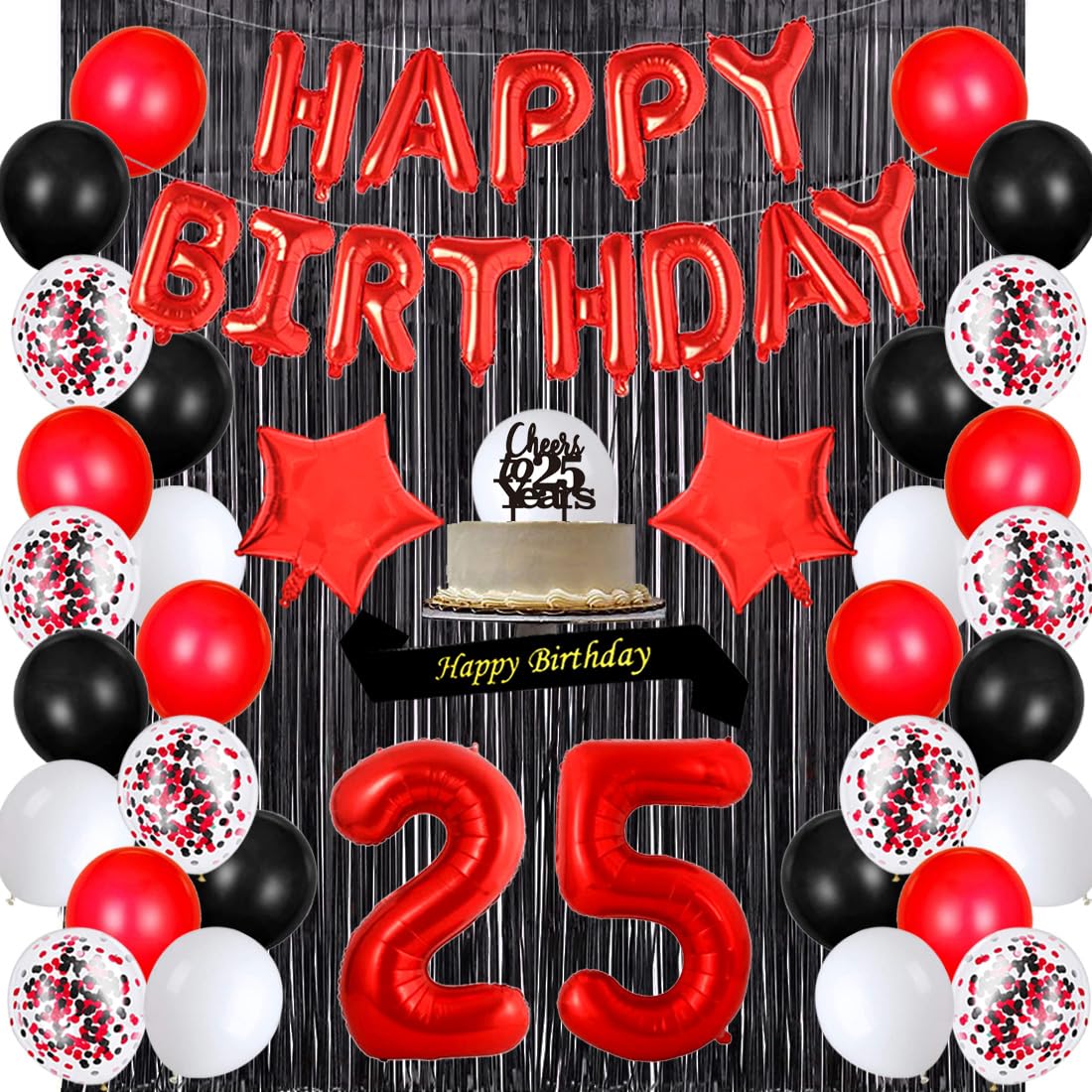25th Birthday Party Decorations Set - Happy Birthday Banner, Sash, Cake Topper, Number 25, Confetti, Latex Balloons & Black Tinsel Fringe Curtains for Women's 25th Birthday Celebration | Perfect for Milestone Parties, Photo Backdrops & Festive Home Decor