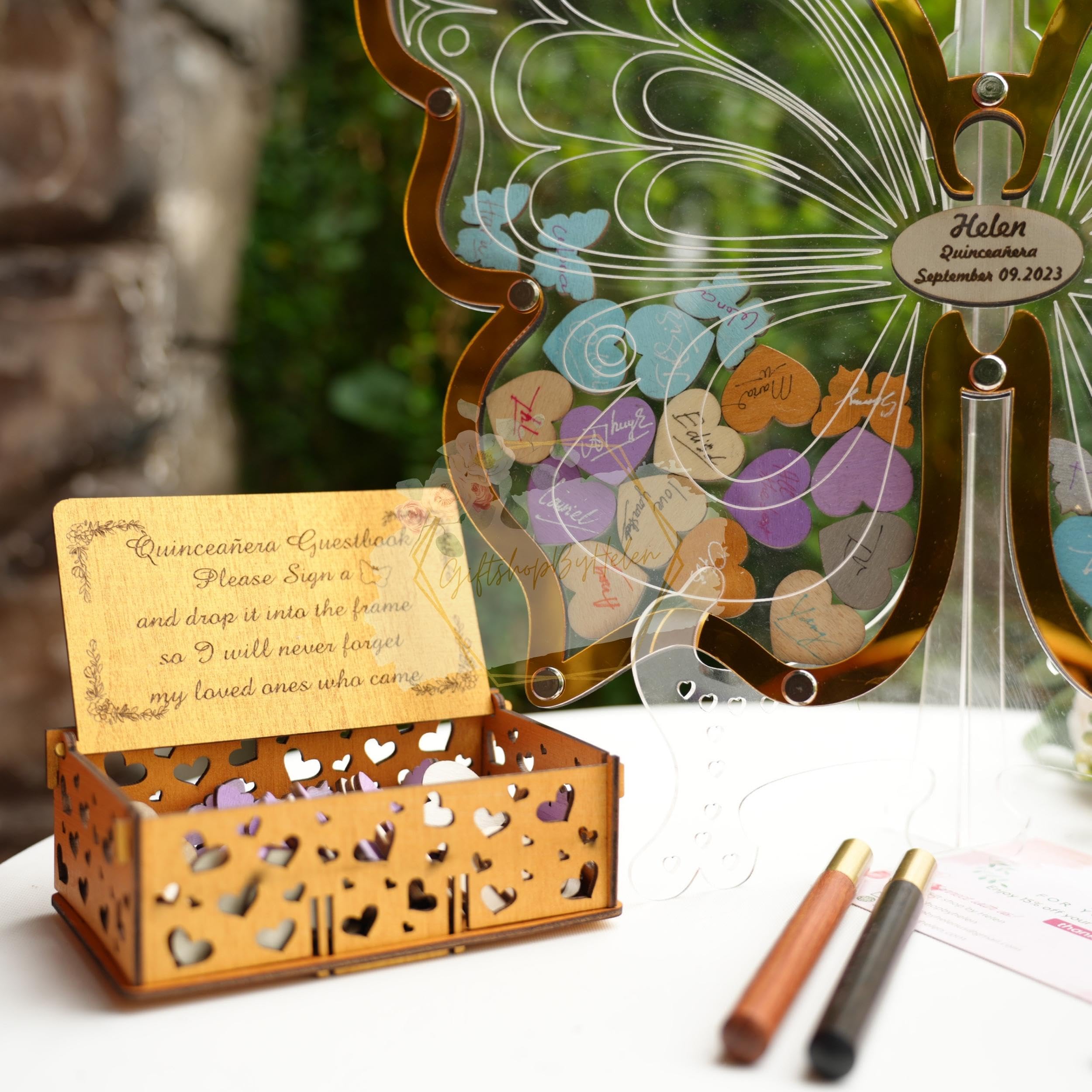 Personalized Butterfly Guest Book for Quinceañera & Sweet 15 - Wooden Heart Wedding Guest Book with Butterfly Frame for Signing - Perfect for Wedding Receptions, Quinceañeras, and Birthday Celebrations