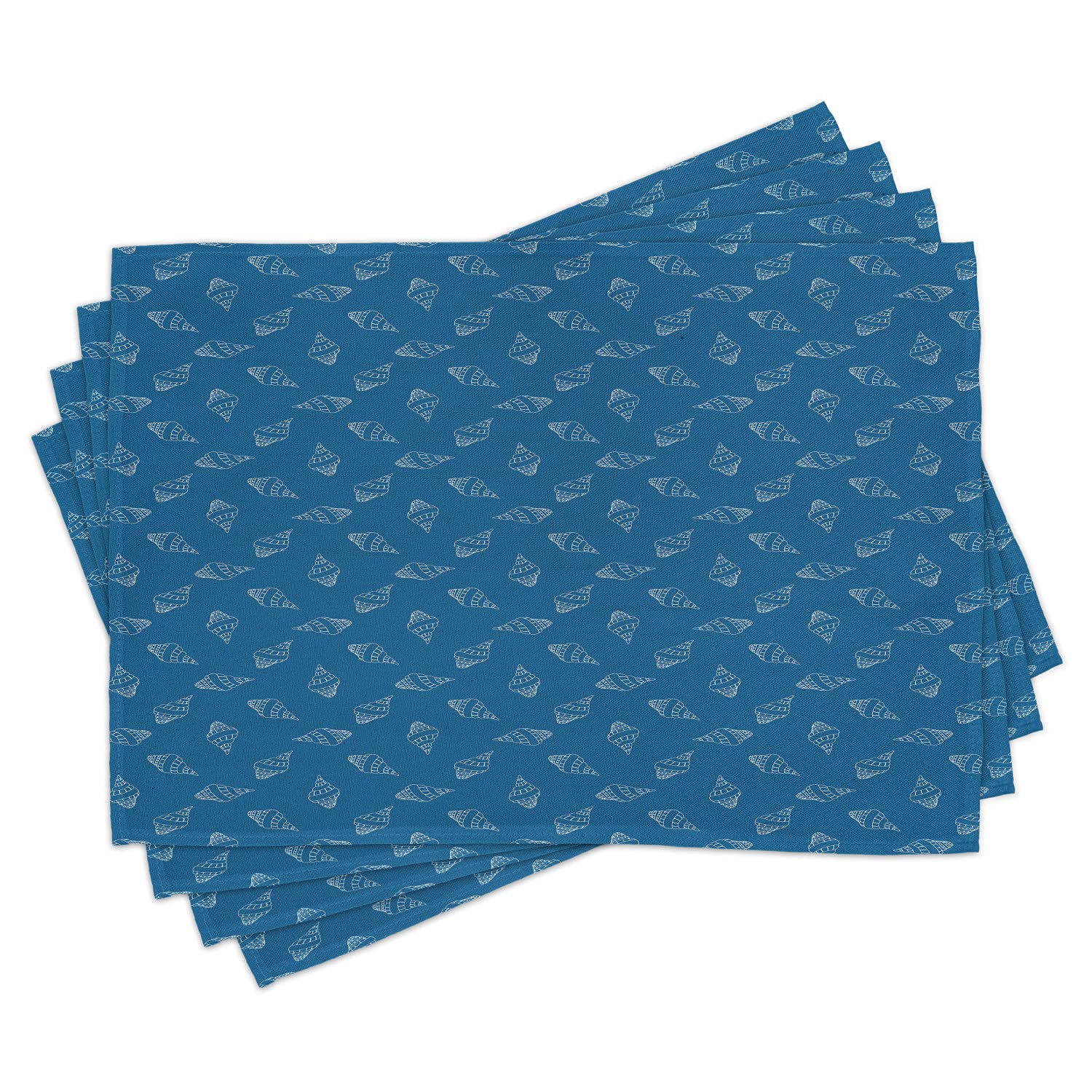 Ambesonne Blue and White Placemats Set of 4 - Abstract Nautical Design with Hand-Drawn Seashells & Spiral Mollusk - Washable Fabric Table Mats for Dining Room & Kitchen Decor - Perfect for Beach House, Coastal Theme, and Everyday Dining Use