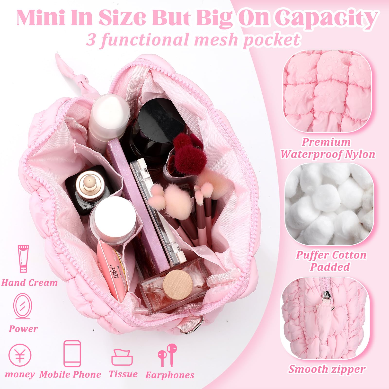 Meanplan 2 Pcs Puffy Quilted Makeup Bags - Waterproof Cosmetic Organizer for Travel, Cute Checkered Design, Women's Toiletry Pouch - Perfect for Vacation, Gym & Daily Essentials Storage