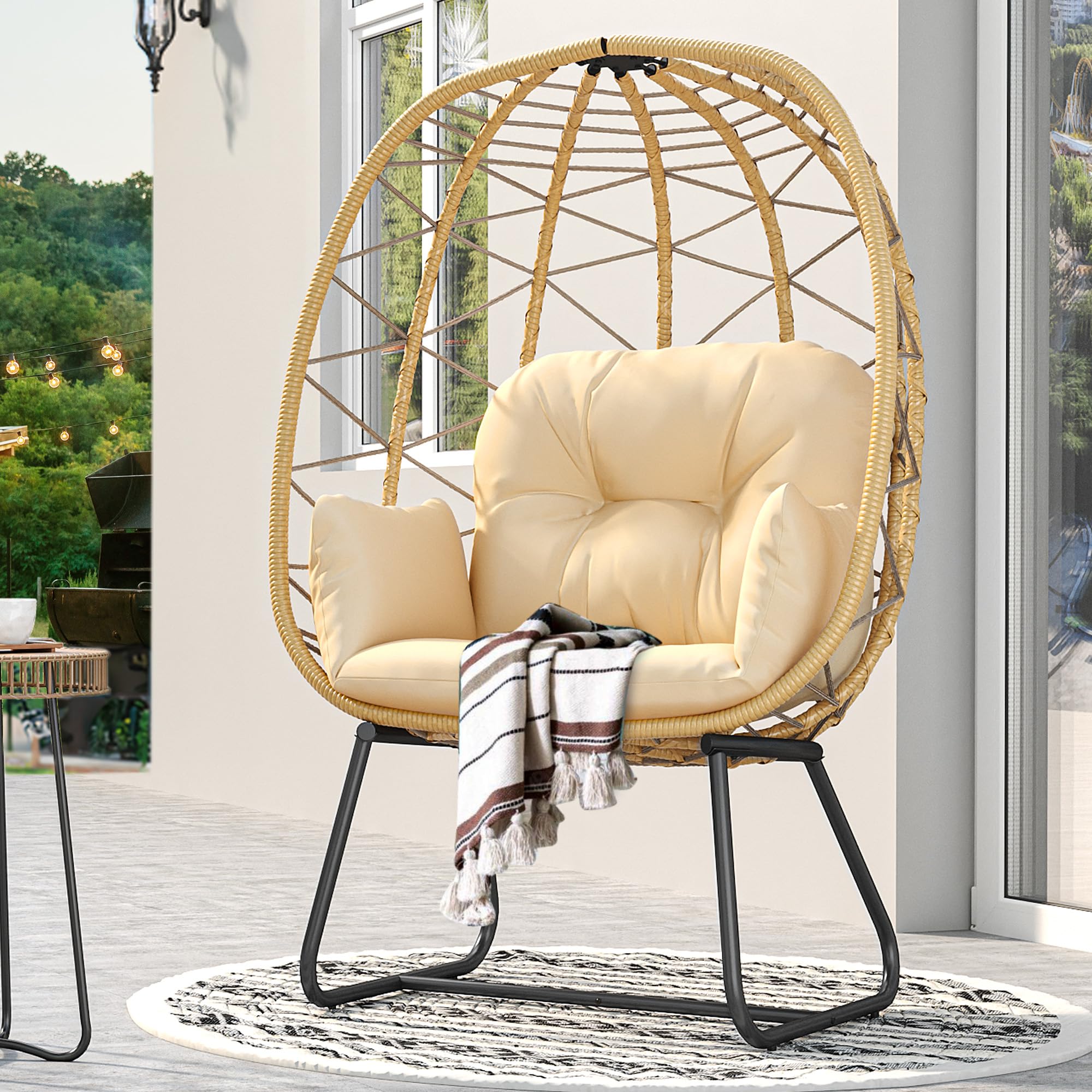 YITAHOME Beige PE Rattan Egg Chair with Stand & Cushion - Indoor/Outdoor Hanging Lounge Chair for Patio, Garden, Backyard, Porch - Perfect for Relaxing, Reading & Sunbathing