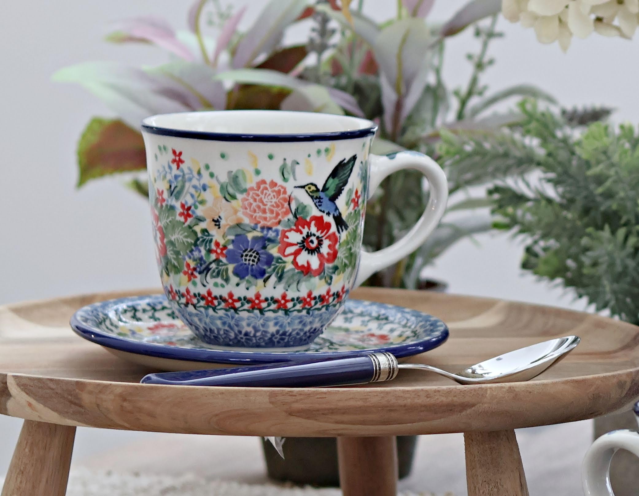 Blue Rose Polish Pottery Hummingbird Coffee Mug & Saucer Set - Handcrafted Ceramic Tea Cup for Home, Office, and Gift Giving