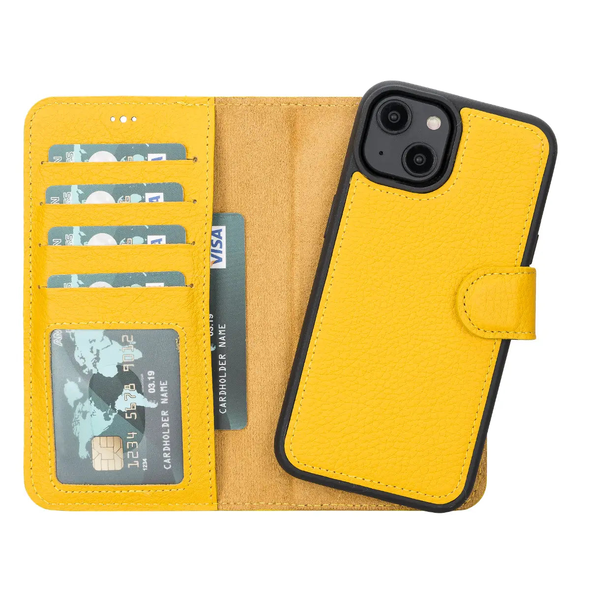 Premium Yellow Leather Wallet Case for iPhone 14 - Slim Protective Cover with Card Slots | Perfect for Everyday Use, Travel & Business Meetings
