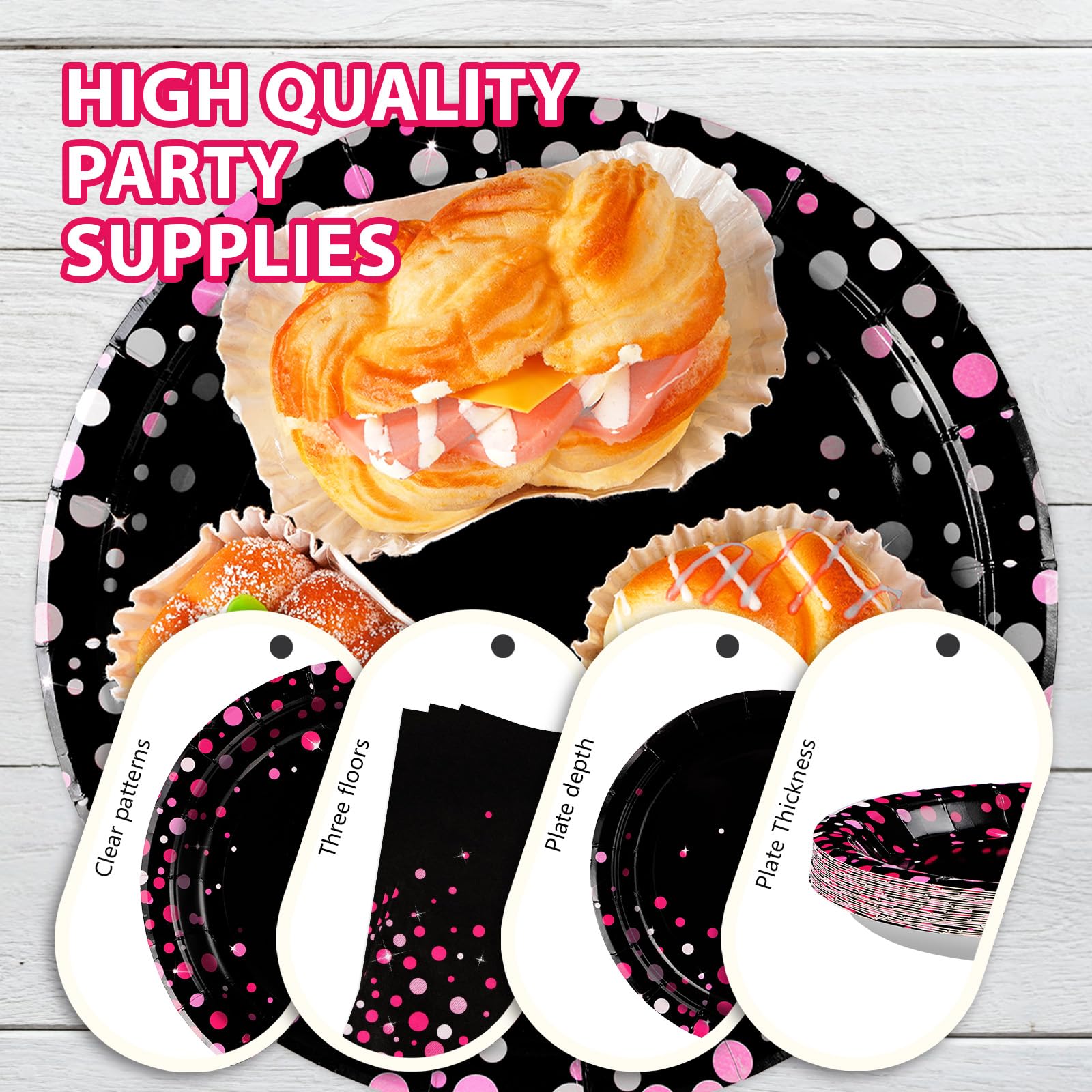 96-Piece Hot Pink & Black Party Supplies Set - 350GSM Dotted Party Plates, Napkins - Bachelorette, Birthday, Wedding Tableware Decor (Serves 24) - Perfect for Bridal Showers, Baby Showers & Themed Parties