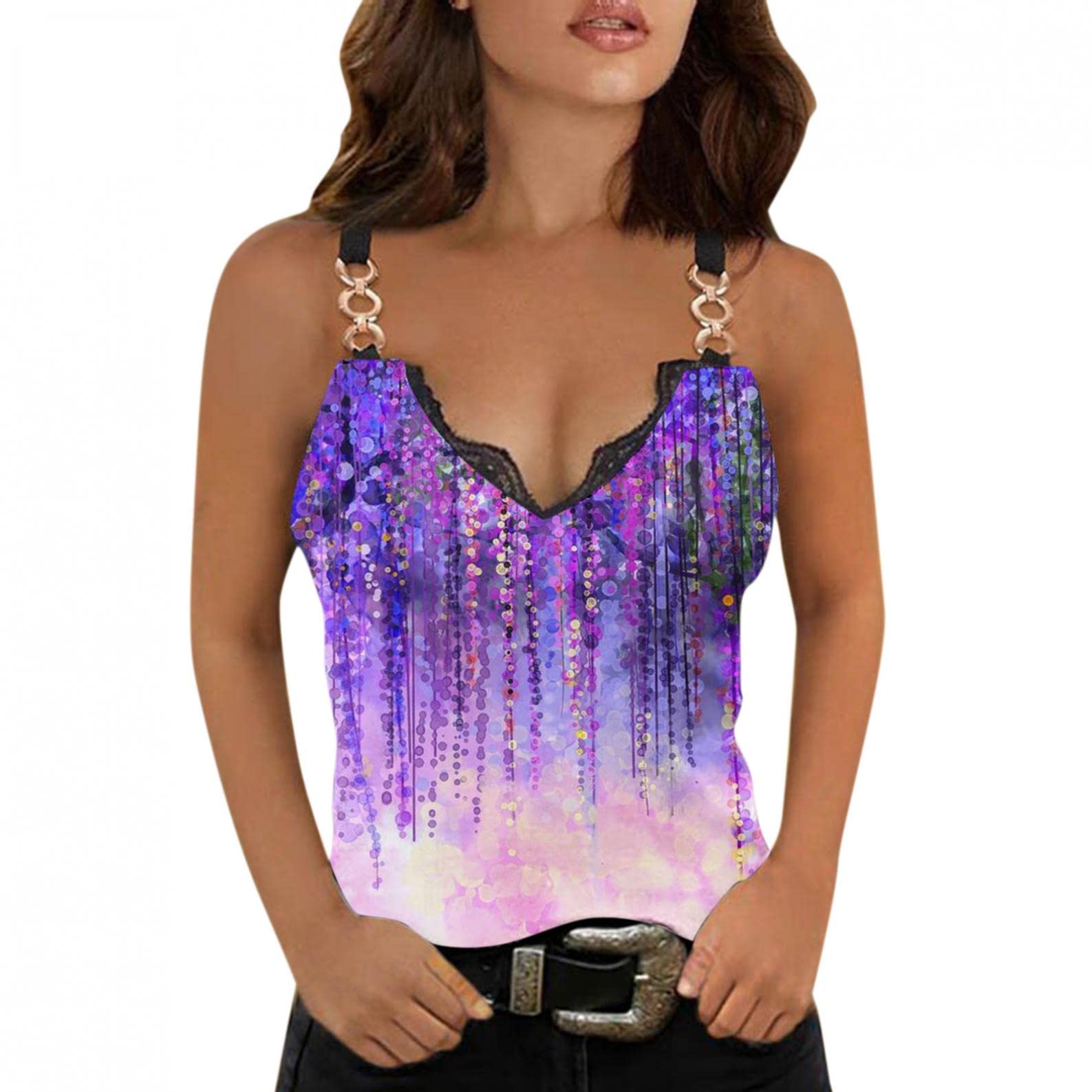 Plus Size Women's V-Neck Sleeveless Chain Cami Tank Tops - Trendy Summer Casual Fit Shirts for Curvy Women | Perfect for Beach Outings, Date Nights & Everyday Wear