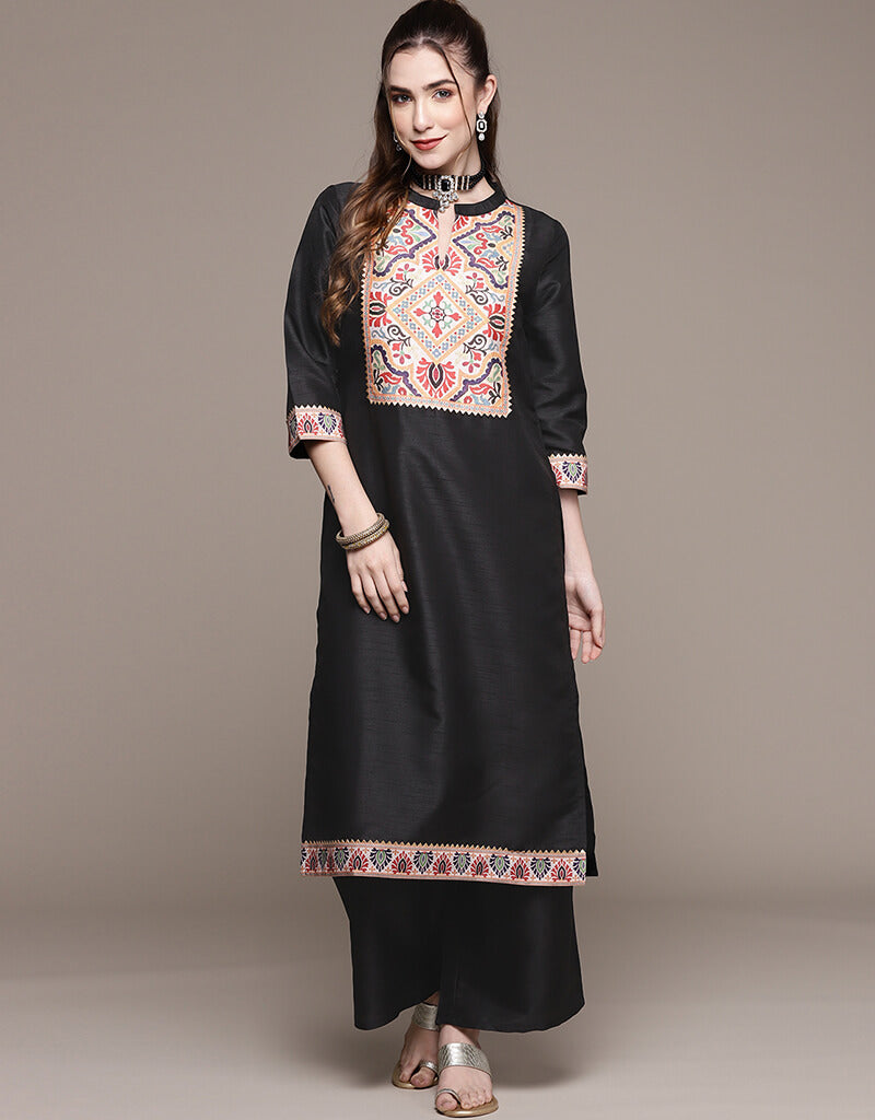 Black Poly Silk Palazzo Suit for Women - Elegant Wide Leg Pants & Top Set - Perfect for Casual Wear, Office Outfits & Special Occasions