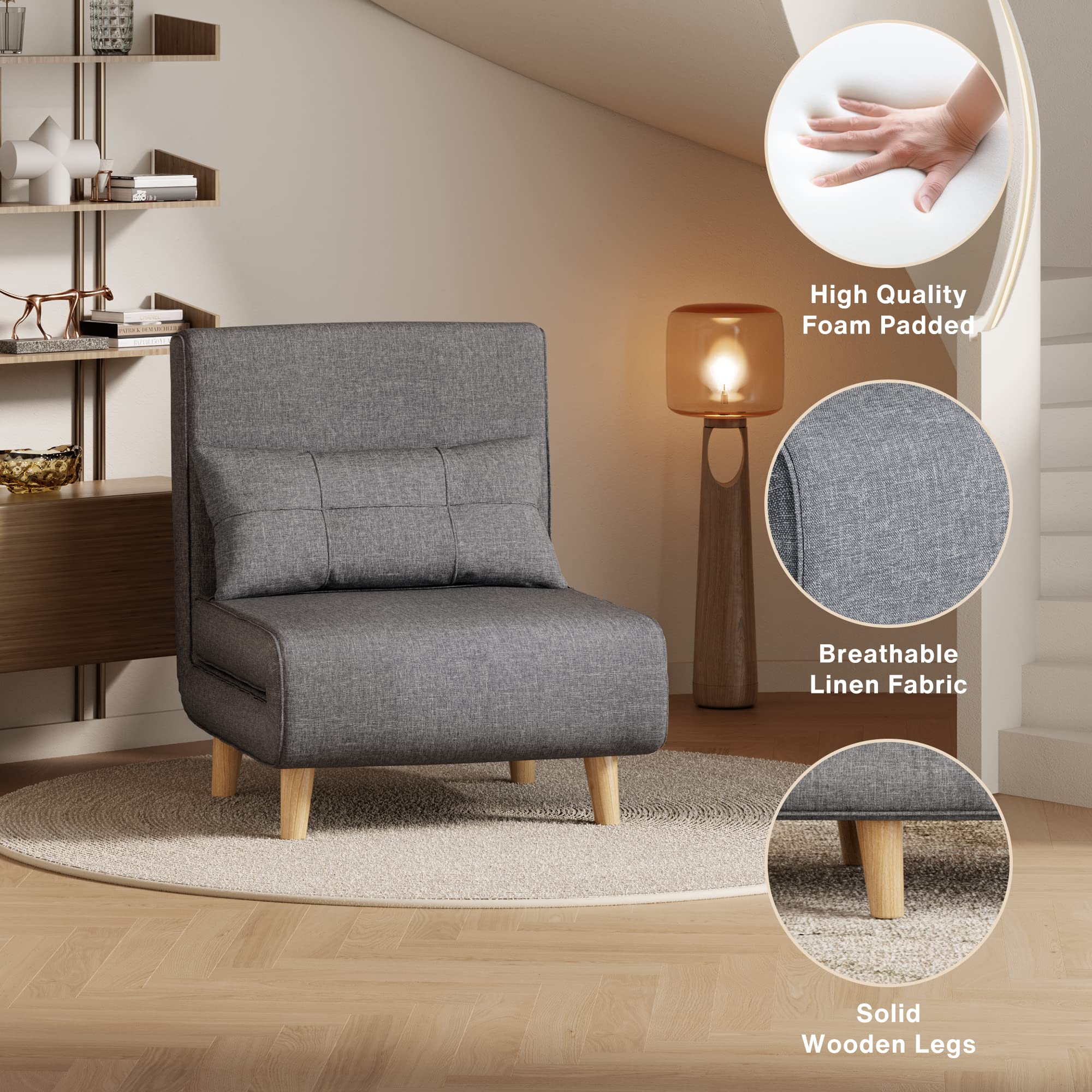 AIHO 3-in-1 Convertible Sleeper Chair Bed - Adjustable Backrest Futon Sofa for Small Spaces | Guest Bed, Lounge Chair & Daybed for Apartments, Dorms, Offices & Living Rooms (Dark Grey) - Perfect for Overnight Guests, Napping & Space-Saving Solutions