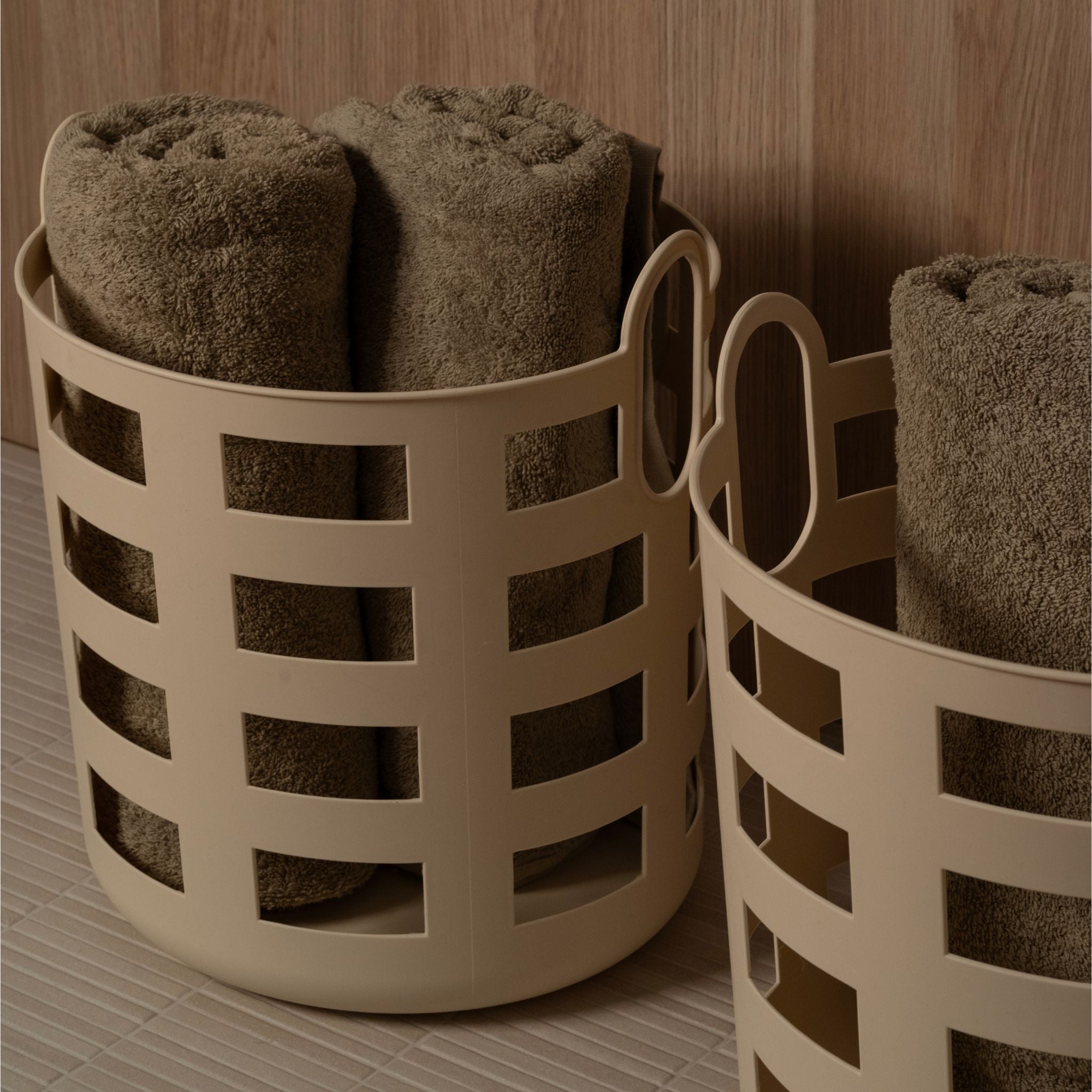ENKEL STUDIO Large Woven Storage and Laundry Basket Set of 2 - Sand Color Foldable Fabric Hamper for Bedroom, Bathroom & Nursery Organization - Perfect for Clothes, Toys & Home Essentials