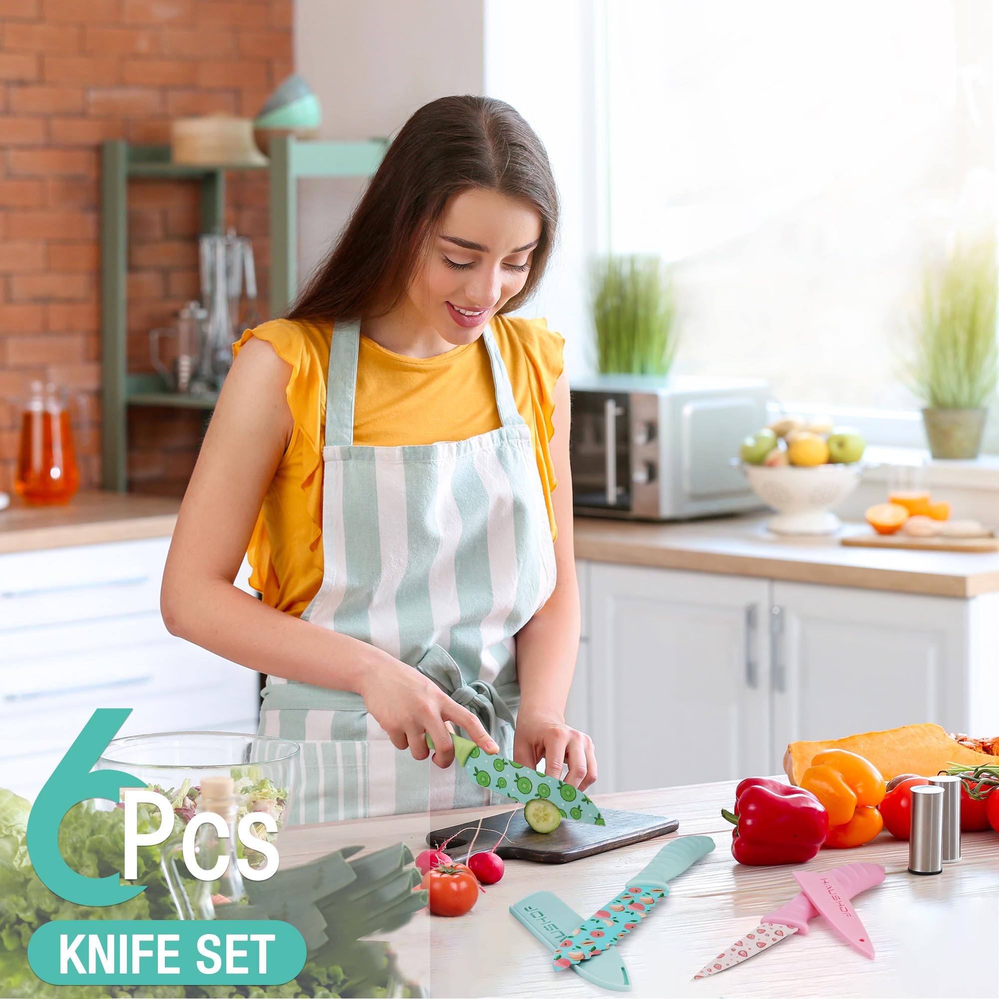 HAUSHOF 12-Piece Colorful Kitchen Knife Set with 6 Sheaths - Non-Stick Coated Stainless Steel Fruit Pattern Blades for Slicing, Dicing & Cutting - Perfect Gift for Dad & Mom - Ideal for Home Cooking, Meal Prep & Fruit Carving