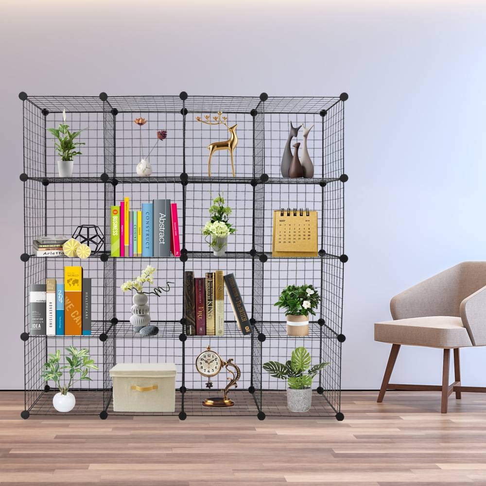 16-Cube Grid Wire Storage Shelf - Multifunctional Modular Organizer Bookcase for Home, Office & Closet - Perfect for Toys, Books, Shoes & Decor Organization