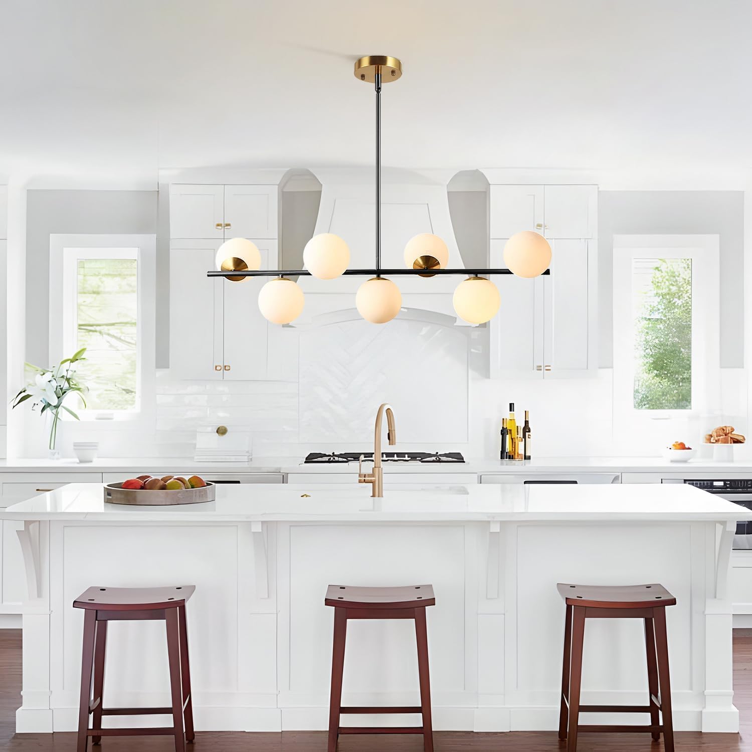 KCO Lighting Black and Brass Linear Pendant Light - Mid Century Modern Sputnik Chandelier with 7 Milk Glass Globes - Kitchen Island Lighting for Dining Room, Living Room & Bedroom - Perfect for Modern Home Decor and Restaurant Ambiance