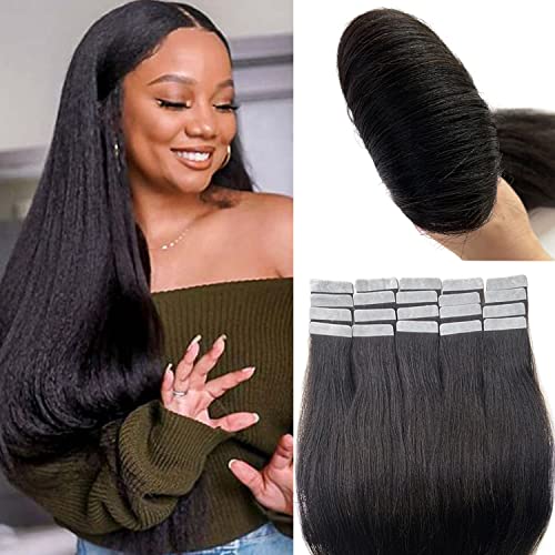 Tape in Hair Extensions Human Hair - Yaki Straight 100% Real Hair Extensions for Black Women (20 Pieces, 22 Inch, 50G/Set) | Double Sided Seamless Skin Weft | Adhesive Tape in Extensions for Daily Wear, Parties & Special Occasions