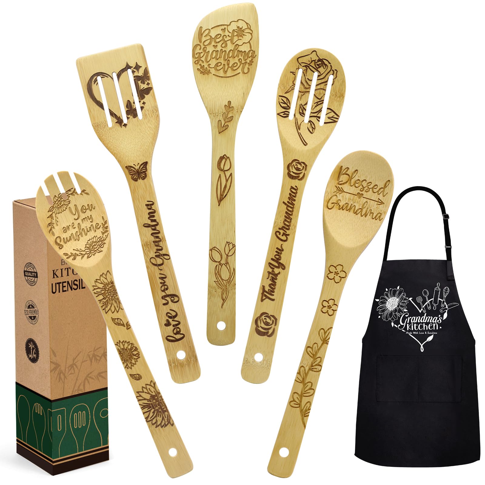 Best Grandma Gifts - Premium Kitchen Utensil Set with Wooden Spoons & Cooking Apron | Thoughtful Birthday, Christmas & Mother's Day Present for Grandma, Nana & Grandmother | Perfect for Baking, Cooking & Family Gatherings