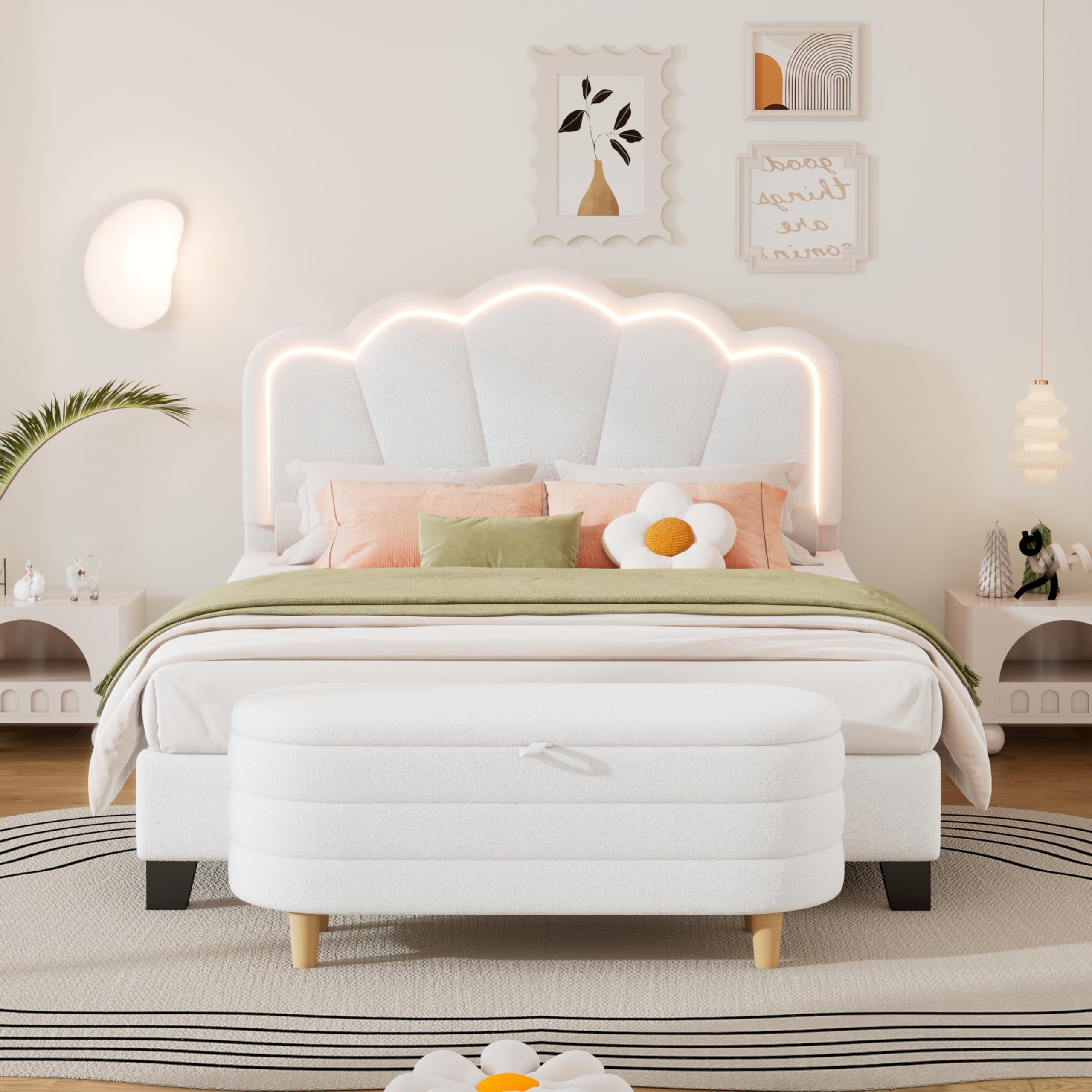 SOFTSEA Full Size Upholstered Platform Bed with LED Lights & Storage Ottoman - 2 Piece White Bedroom Furniture Set for Modern Master Bedroom or Guest Room Decor