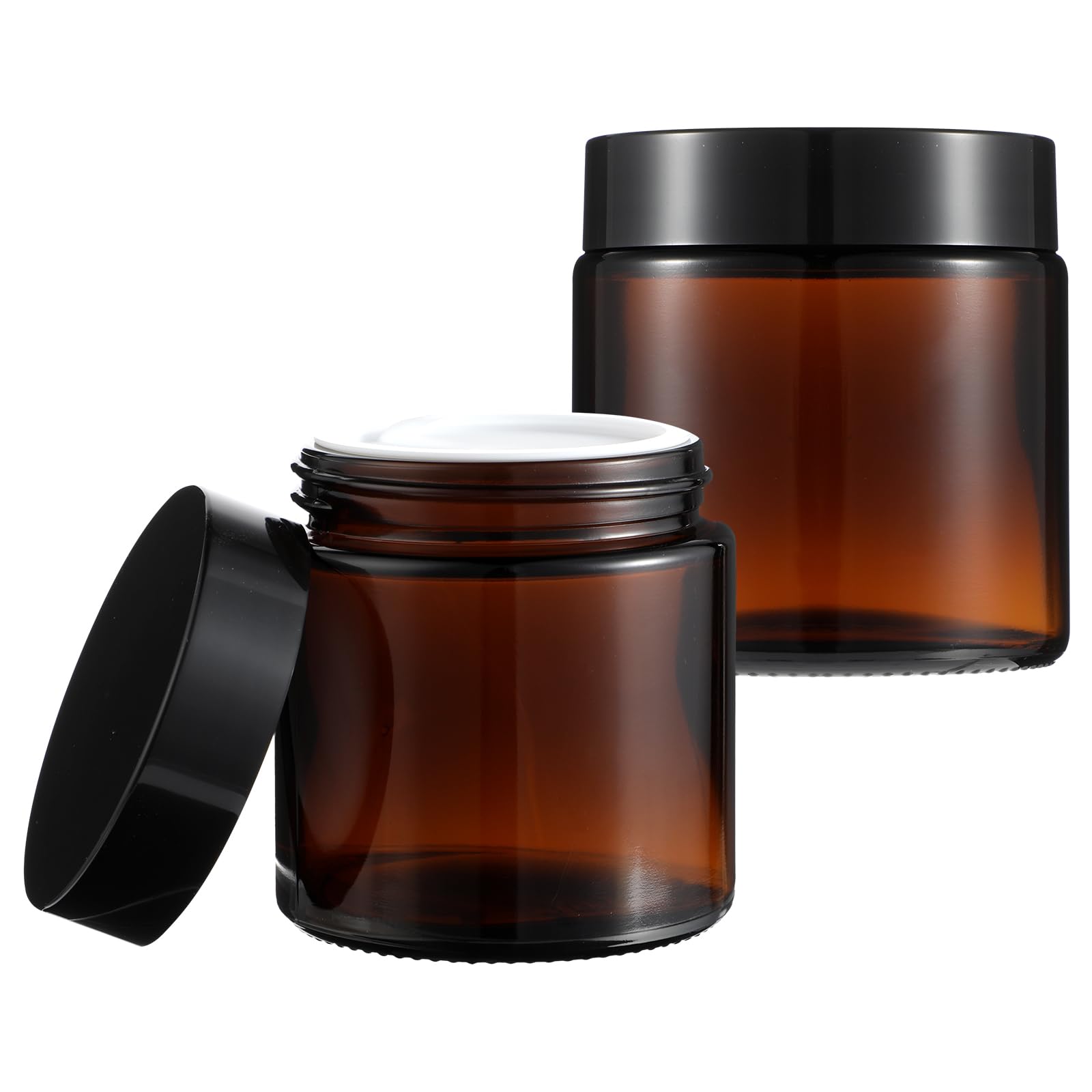 2Pcs Small Amber Glass Jars with Black Lids & Inner Liners - Refillable Cosmetic Containers for Cream, Lotion, Powder, Ointments - Perfect for DIY Skincare, Travel Toiletries & Home Organization
