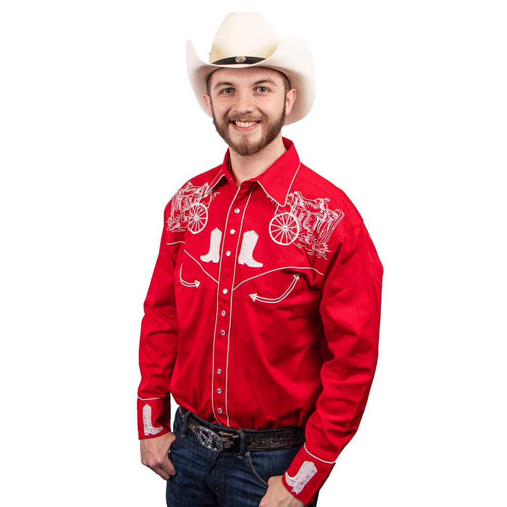 Western Express Men's Long Sleeve Snap Button Cowboy Shirt with Gold Wagon & Boots Embroidery - Western Style Shirt for Rodeo, Country Music Festivals & Casual Wear