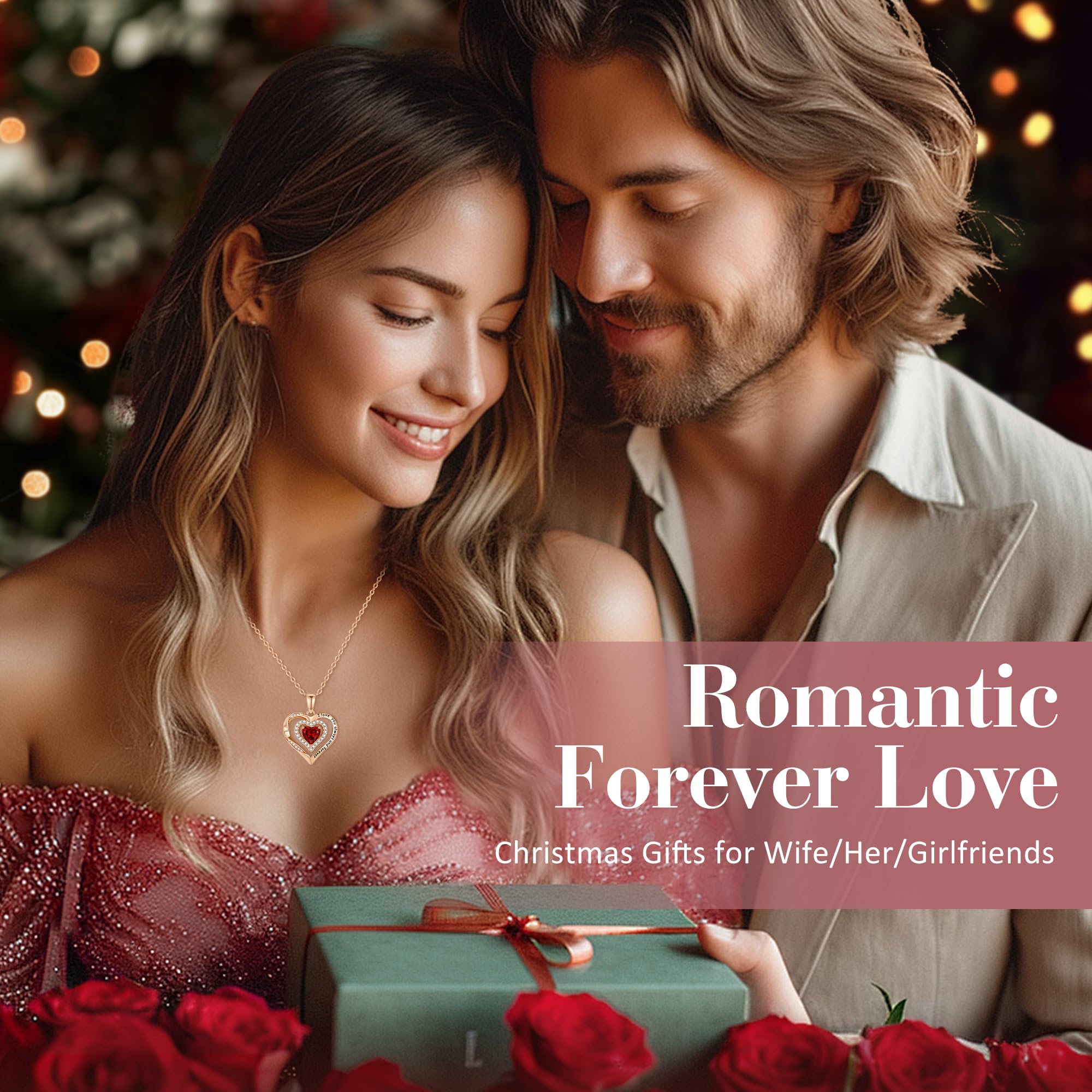 Rose Gold Heart Birthstone Necklace for Women - S925 Sterling Silver Pendant Jewelry, I Love You Always & Forever Gift for Wife, Girlfriend, Mom - Perfect for Anniversary, Birthday, Valentine's Day & Special Occasions