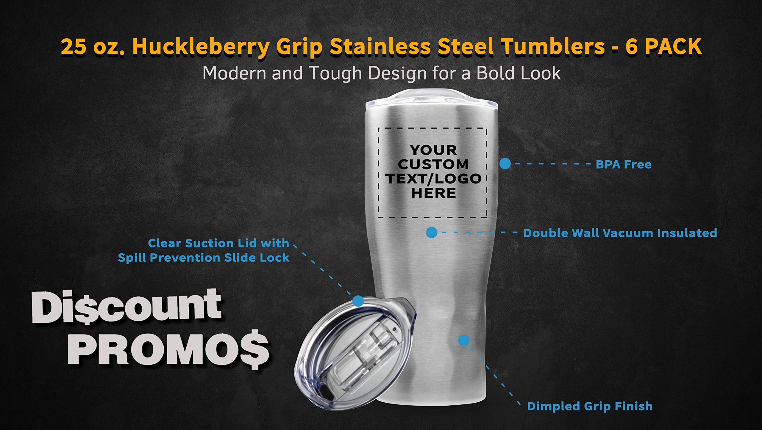 Personalized 25 oz Stainless Steel Tumbler with Huckleberry Grip - 6 Pack Custom Cups for Coffee, Tea & Cold Drinks - Engraved Text/Logo - Silver - Perfect for Office, Gym & Outdoor Activities