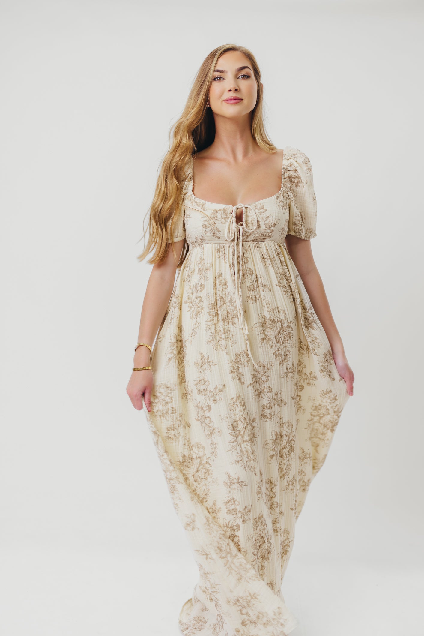 Haven 100% Cotton Tie Front Maxi Dress in Taupe/Brown Floral - Bump Friendly Maternity Dress for Women | Perfect for Pregnancy, Beach Vacations & Summer Outfits