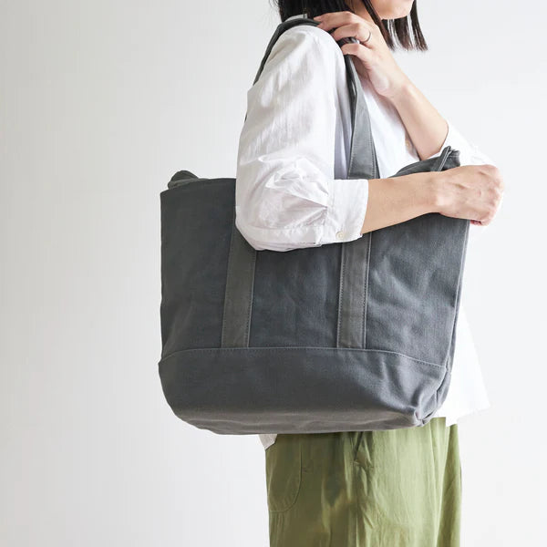 Kurashiki Hampu Canvas Zipper Tote Bag - Grayish White Japanese Style Tote for Work, Travel & Shopping | Durable Cotton Shoulder Bag