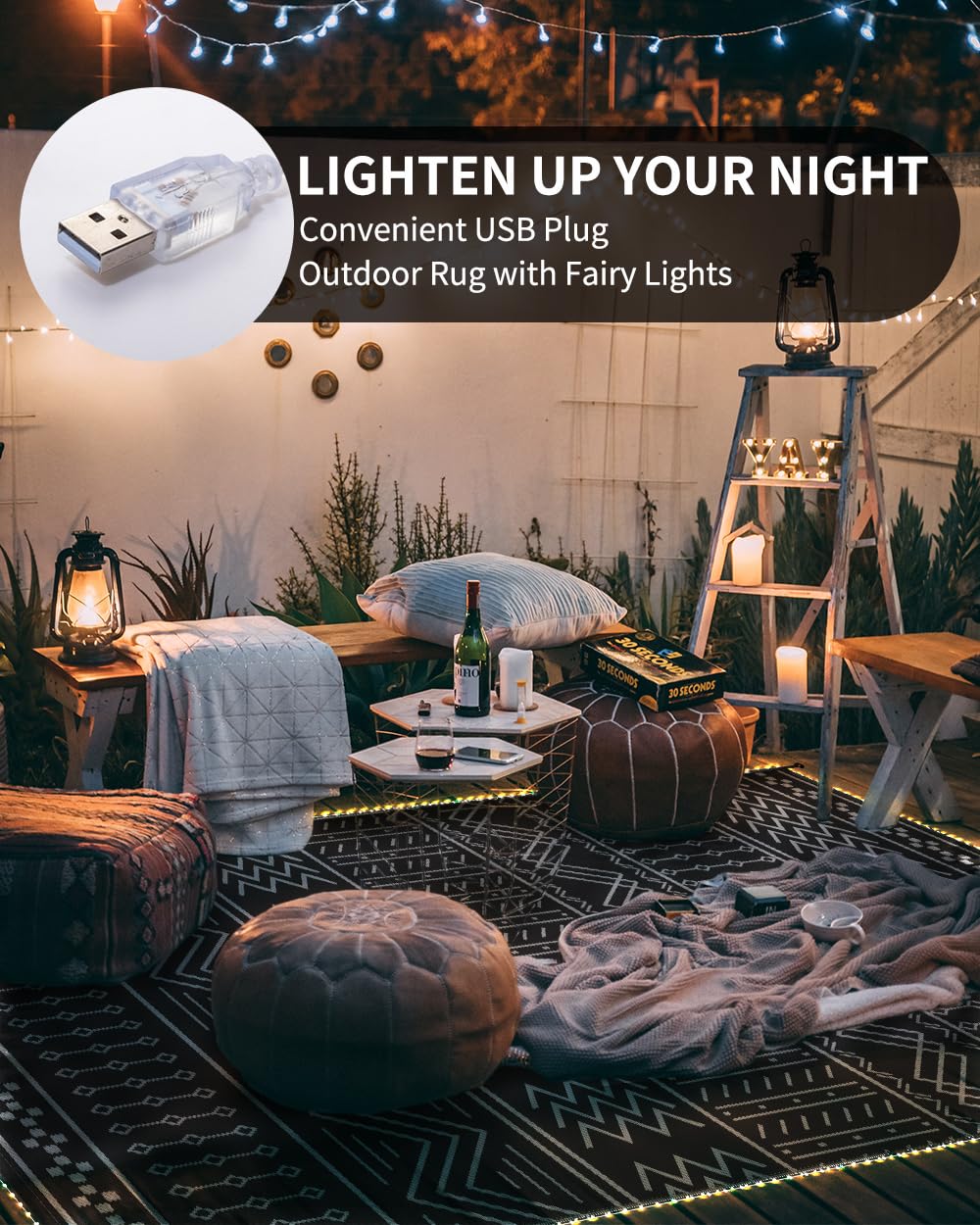 Waterproof 8x10 ft Outdoor Rug with LED Strip Lights - Reversible Lightweight Plastic Straw Patio Mat for RV, Camping, Picnic & Boho Decor | Indoor/Outside Use for Deck, Garden & Backyard