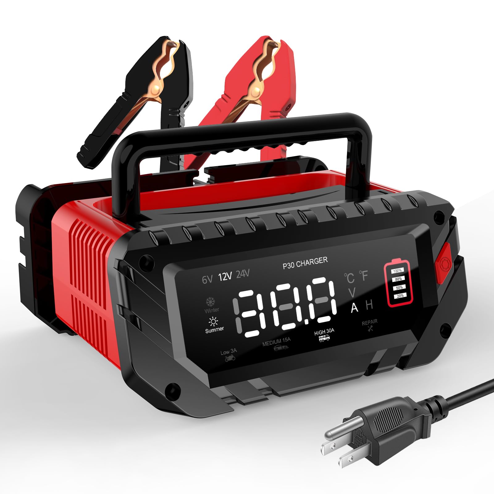 30-Amp Smart Car Battery Charger 6V/12V/24V Automatic Automotive Charger & Maintainer - Trickle Charger for Car, Motorcycle, Boat, RV - Works with Lead-Acid, Lithium, LiFePO4 Batteries - Perfect for Winter Storage & Emergency Jump Starts