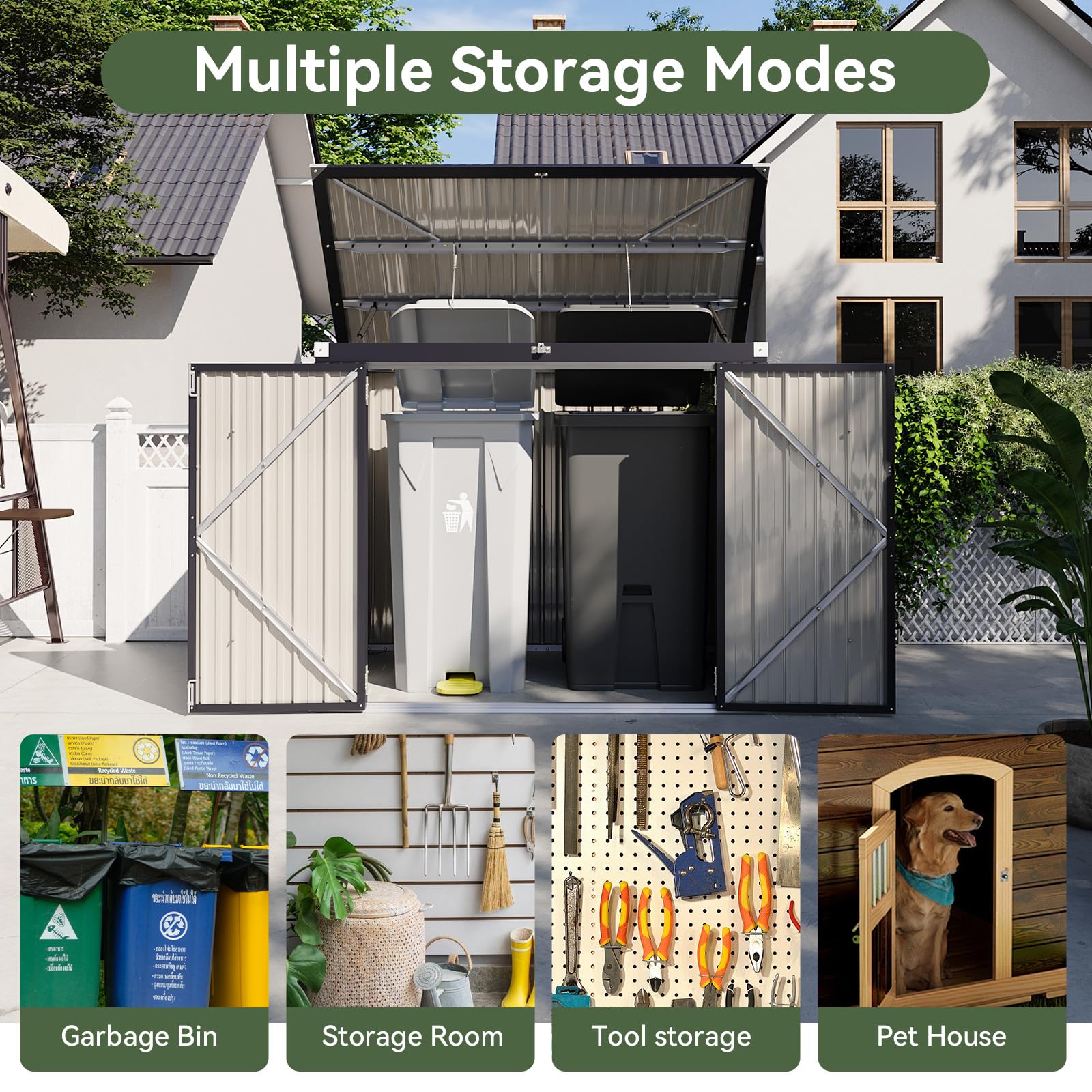 Aoxun 3.3' x 5.6' Waterproof Metal Storage Shed with Chain Lid - Outdoor Organizer for Trash Cans, Toys, Garden Tools - Durable Backyard, Patio & Garden Storage Solution for Home Organization