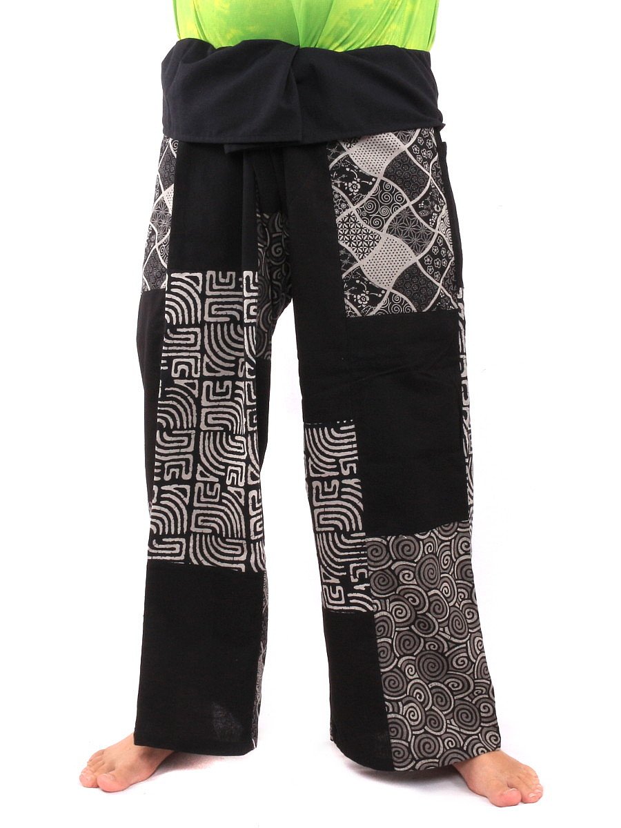Thai Fisherman Pants - Handmade Patchwork Cotton Wrap Pants for Men & Women | Traditional Loose Fit Yoga Meditation Pants | Perfect for Beach, Yoga, and Boho Fashion