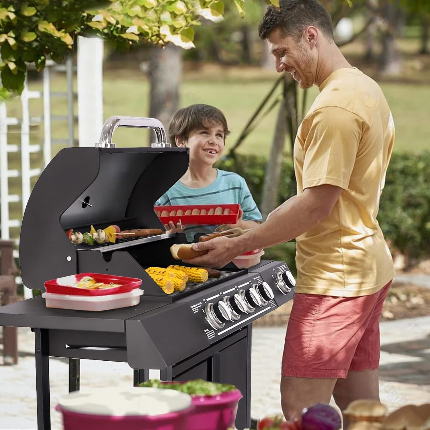4-Burner Propane Gas BBQ Grill - High-Strength Cast Iron with Side Burner, 50,000 BTU Portable Outdoor Grill with 4 Wheels & 449 SQ.IN Cooking Area - Perfect for Backyard Barbecues, Camping Trips, Tailgating Parties and Family Gatherings