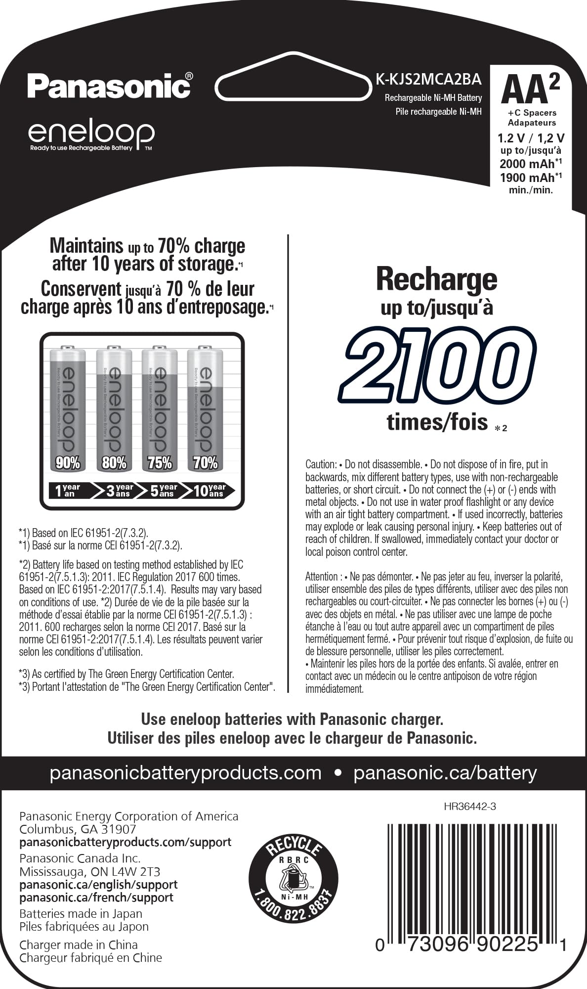 Panasonic eneloop AA Ni-MH Rechargeable Batteries 2100 Cycles - 2 Pack with 2 C Spacers | Pre-Charged High Capacity Batteries for Cameras, Flashlights & Electronics | Long Lasting Power Solution