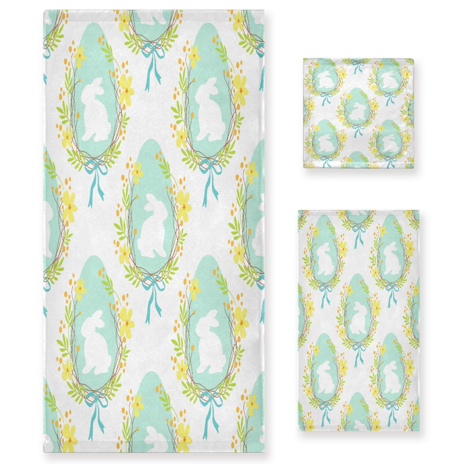 Qilmy Cute Easter Bunny & Spring Flowers Bath Towels Set of 3 - Super Absorbent, Ultra Soft & Comfortable for Home, Hotel, Spa Decor - Perfect for Spring Decorations, Easter Gifts & Bathroom Essentials