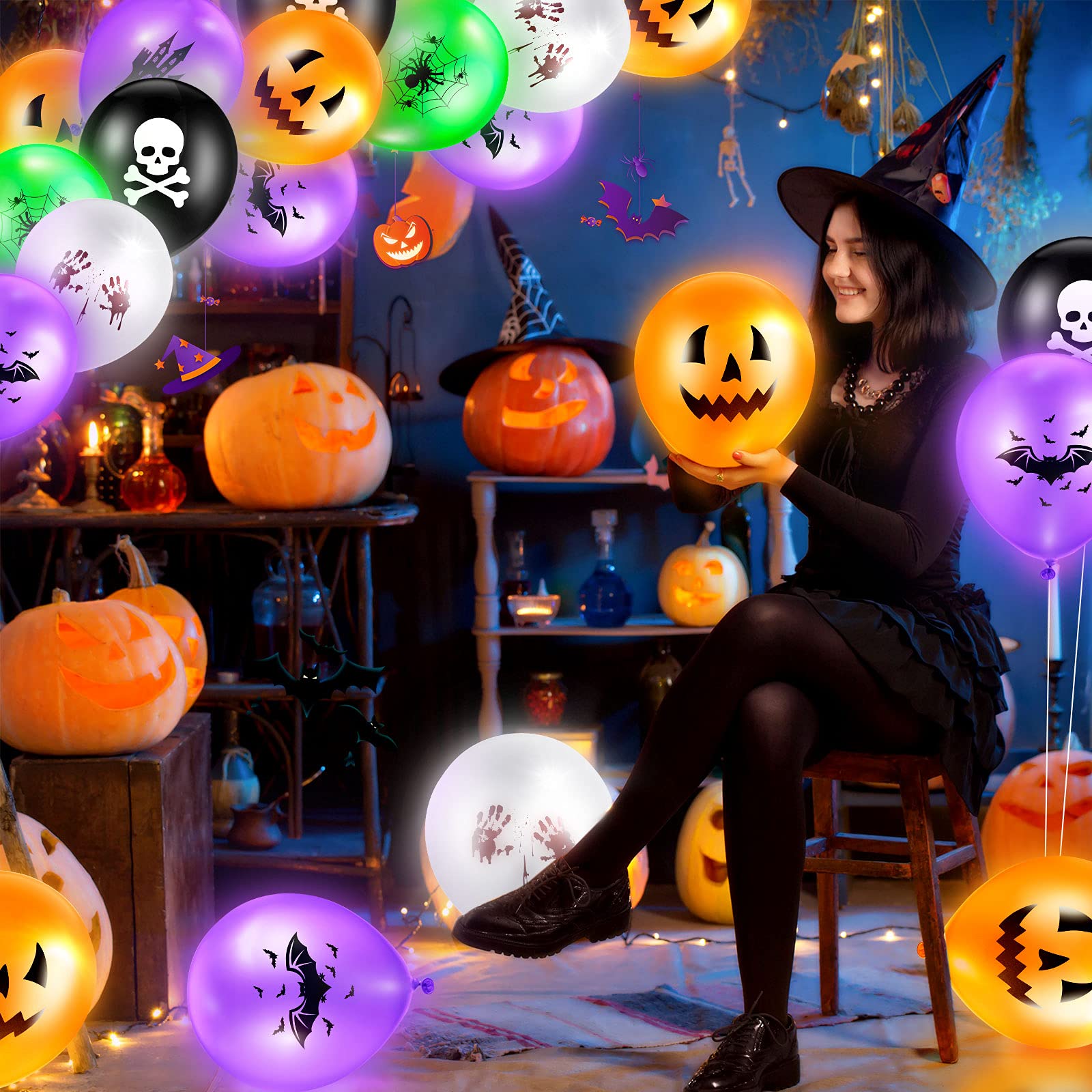 60 Pack Halloween LED Balloons Glow in The Dark - Round Latex Balloons with Lights for Halloween Party Decorations, Wedding, Birthday, Dance Party - Spooky Indoor & Outdoor Decor