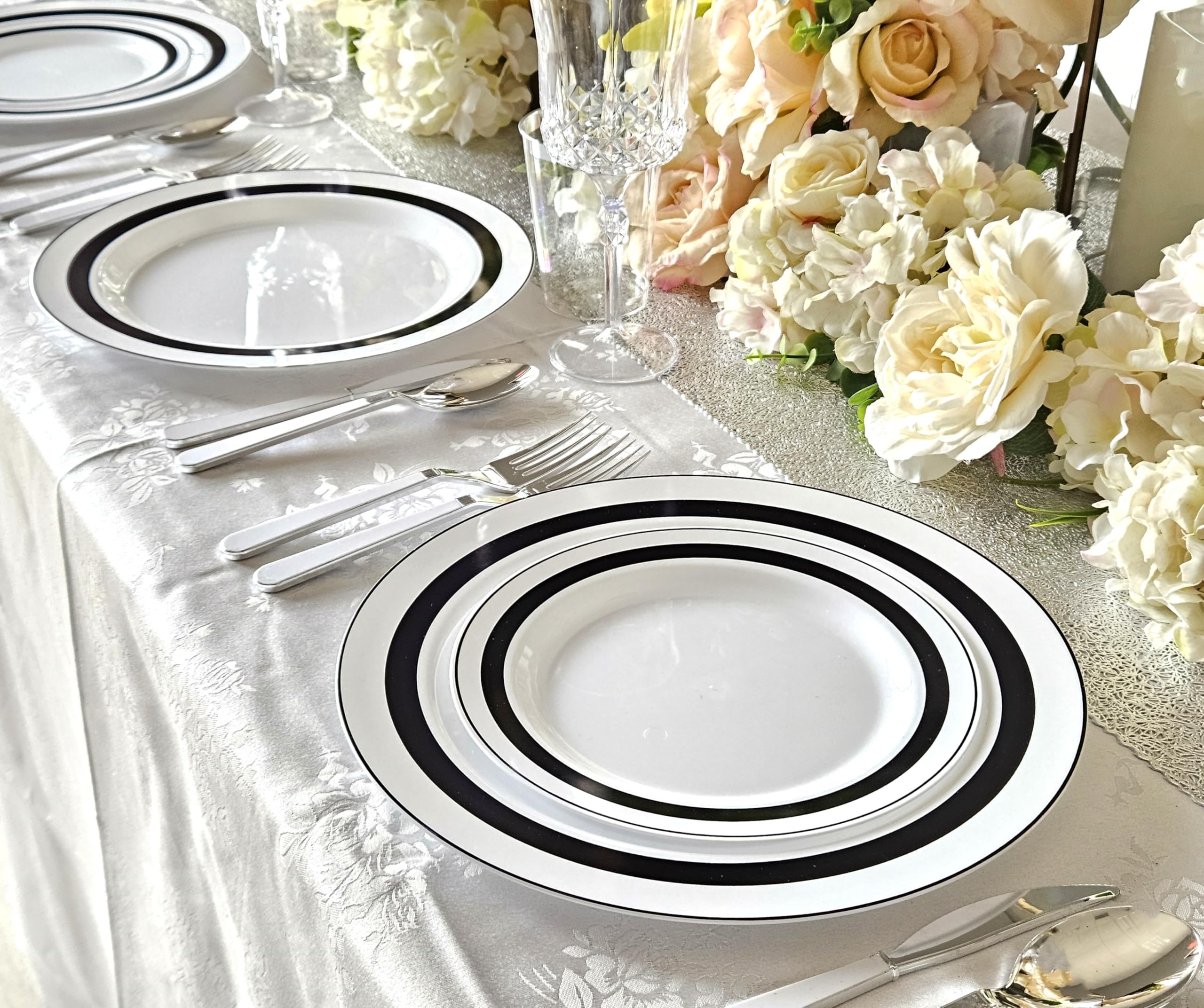 240 Heavyweight Disposable Plastic Plates for Weddings & Parties - 10.5'' Dinner Plates in Elegant Soleil White & Black - Perfect for Catering, Birthday Celebrations, and Special Events