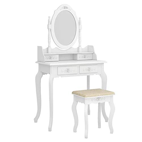 White Vanity Makeup Table with Stool Set - Wooden Rotating Mirror Dresser & Writing Desk 2-in-1, Storage Drawers & Cushioned Bench | Perfect for Bedroom, Dressing Room & Home Office Organization
