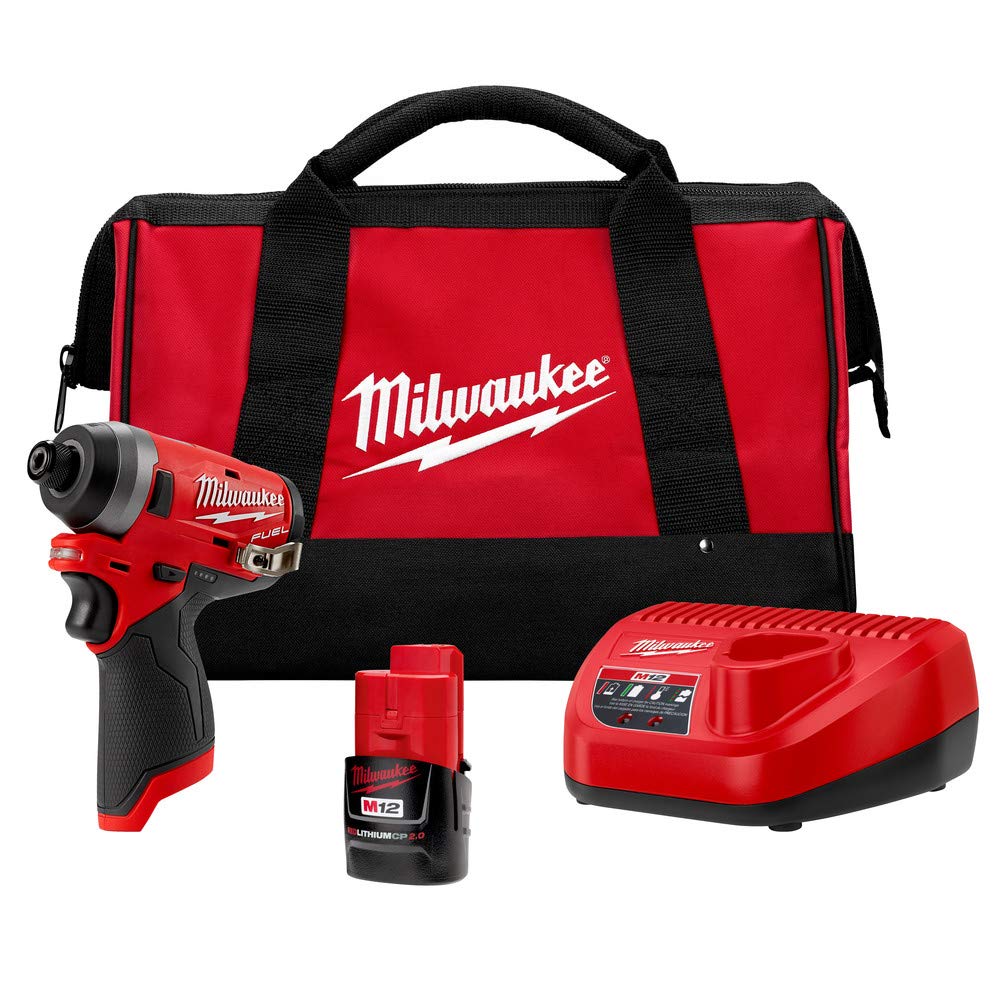 Milwaukee 2553-21 M12 FUEL 1/4 in. Hex Impact Driver Kit with 2.0 Ah Battery, Charger & Tool Bag - Perfect for DIY Projects, Construction & Automotive Repairs