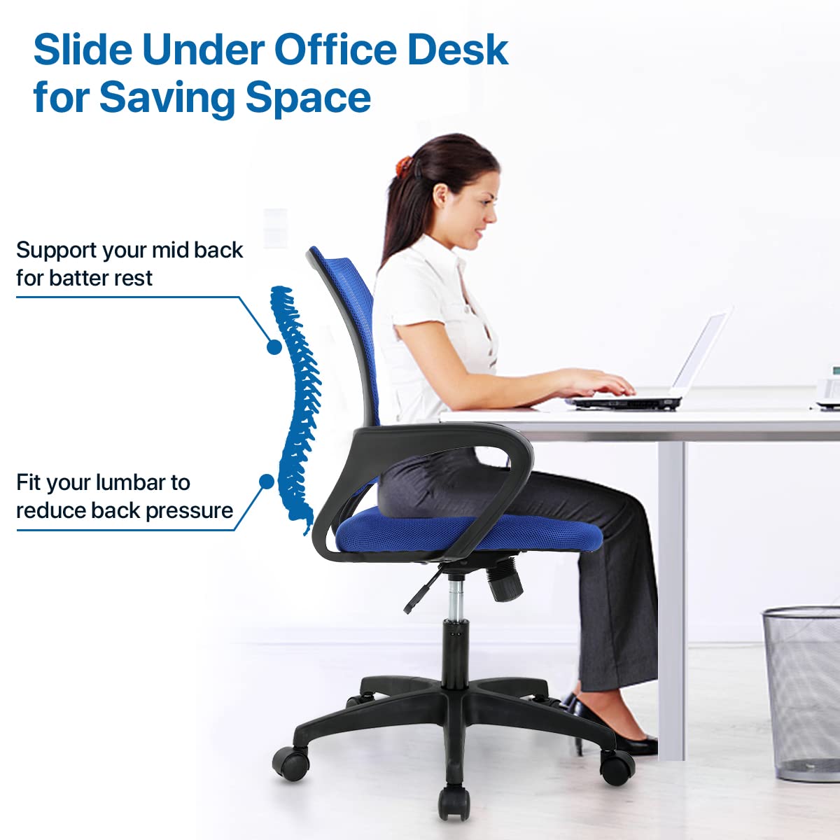 Ergonomic Office Chair with Lumbar Support - Adjustable Height Mesh Computer Desk Chair with Armrests, Swivel & Rolling Wheels - Mid Back Executive Task Chair for Home Office (Blue) | Perfect for Long Work Hours, Gaming & Remote Work