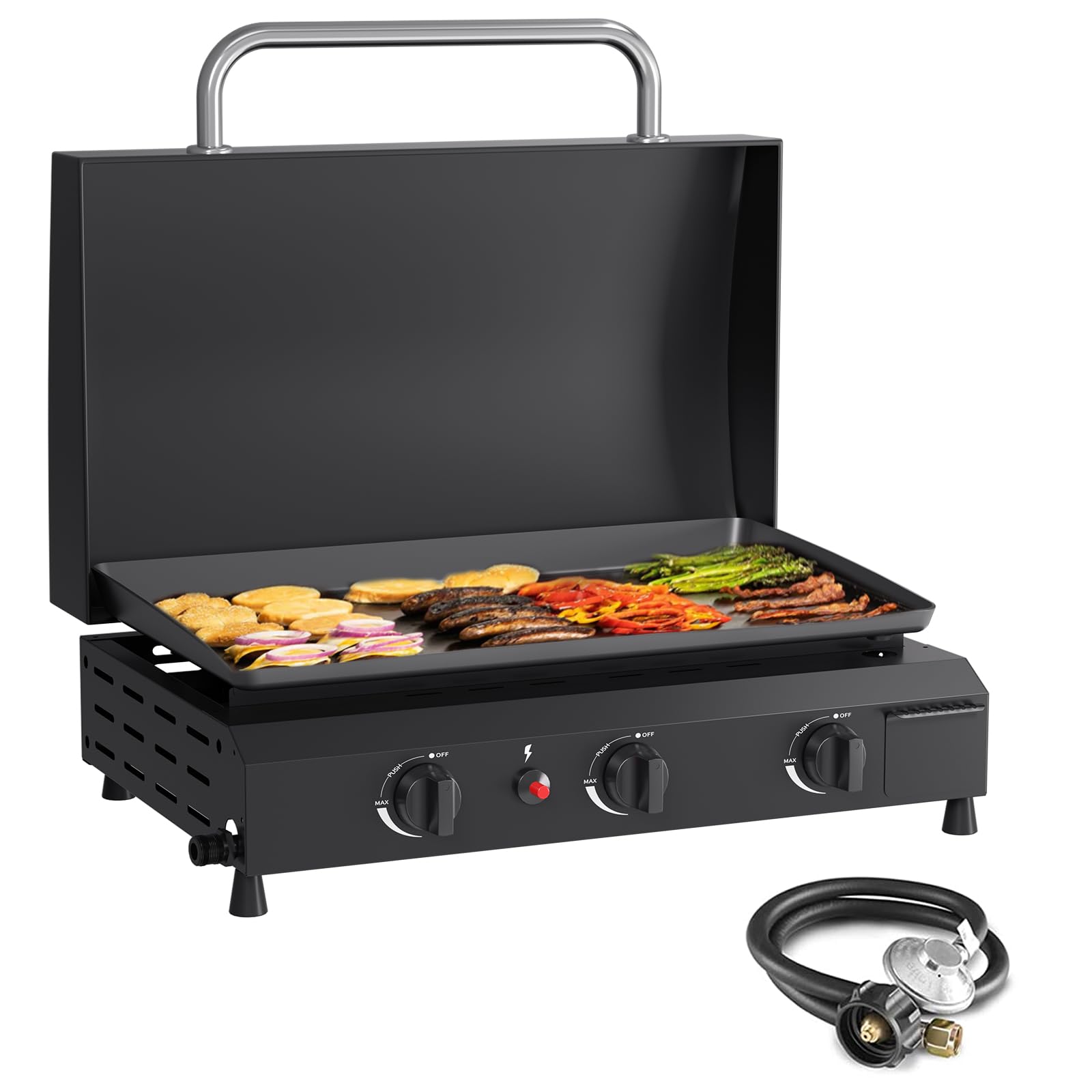 SKOK 3 Burner Gas Griddle with Hood - 23.3 Inch Outdoor Propane Griddle - 45000 BTU Portable Flat Top Gas Grill for Camping, Backyard BBQ & Tailgating - Perfect for Outdoor Cooking, Picnics & Family Gatherings