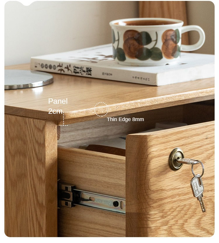 Solid Oak Wood 3-Drawer Nightstand with Lock - Bedside Table for Bedroom, Living Room & Office Storage