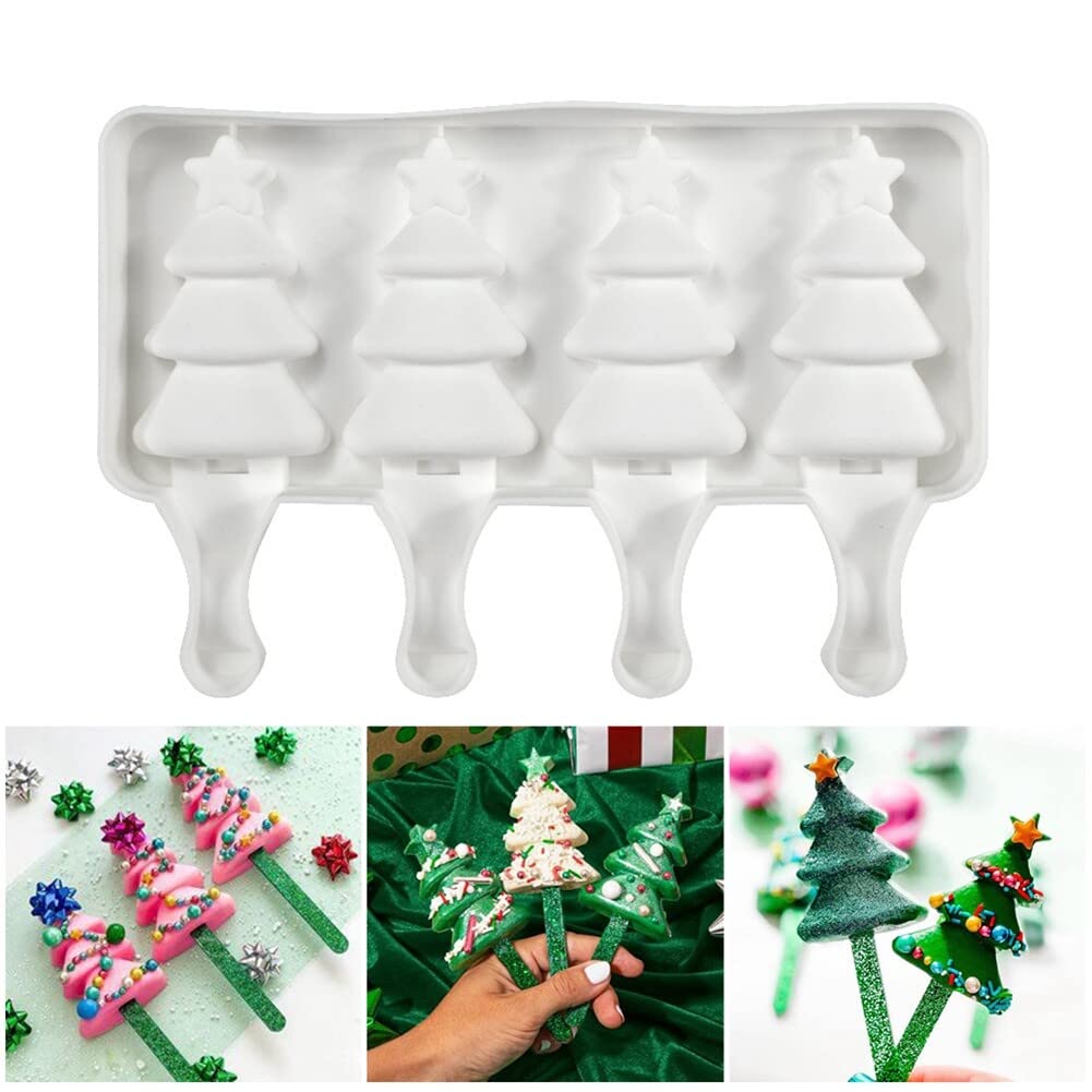 Christmas Tree Shaped Silicone Popsicle Molds - 4 Cavity Reusable Ice Pop Makers for Kids & Adults - Perfect for Homemade Ice Cream, Cake Pops, and DIY Frozen Treats - Great for Summer Parties, Holiday Desserts, and Family Fun