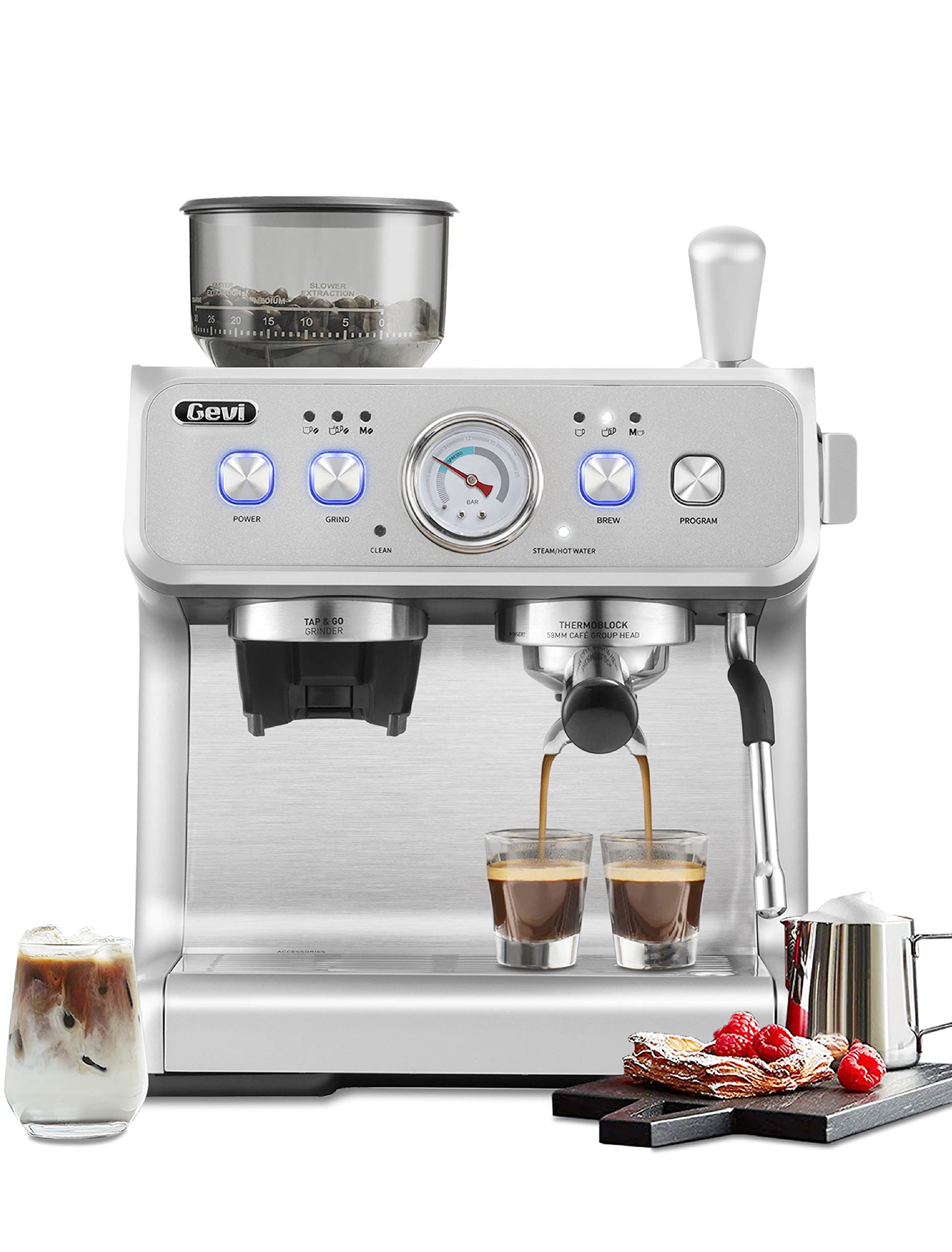 Gevi 20 Bar Dual Boiler Espresso Machine with Milk Frother - Automatic Cappuccino & Latte Maker, 1.2L Removable Water Tank, 1350W, White - Perfect for Home Baristas & Coffee Lovers