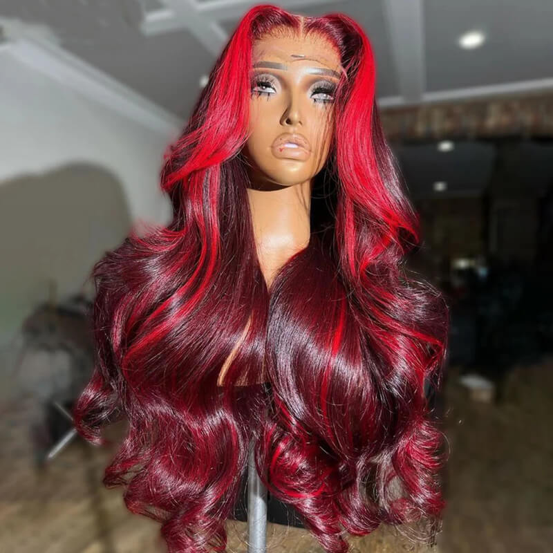 Eullair Burgundy Red Highlight Body Wave Human Hair Wig with Skunk Stripe & Transparent Lace Front - Perfect for Cosplay, Parties, and Daily Styling