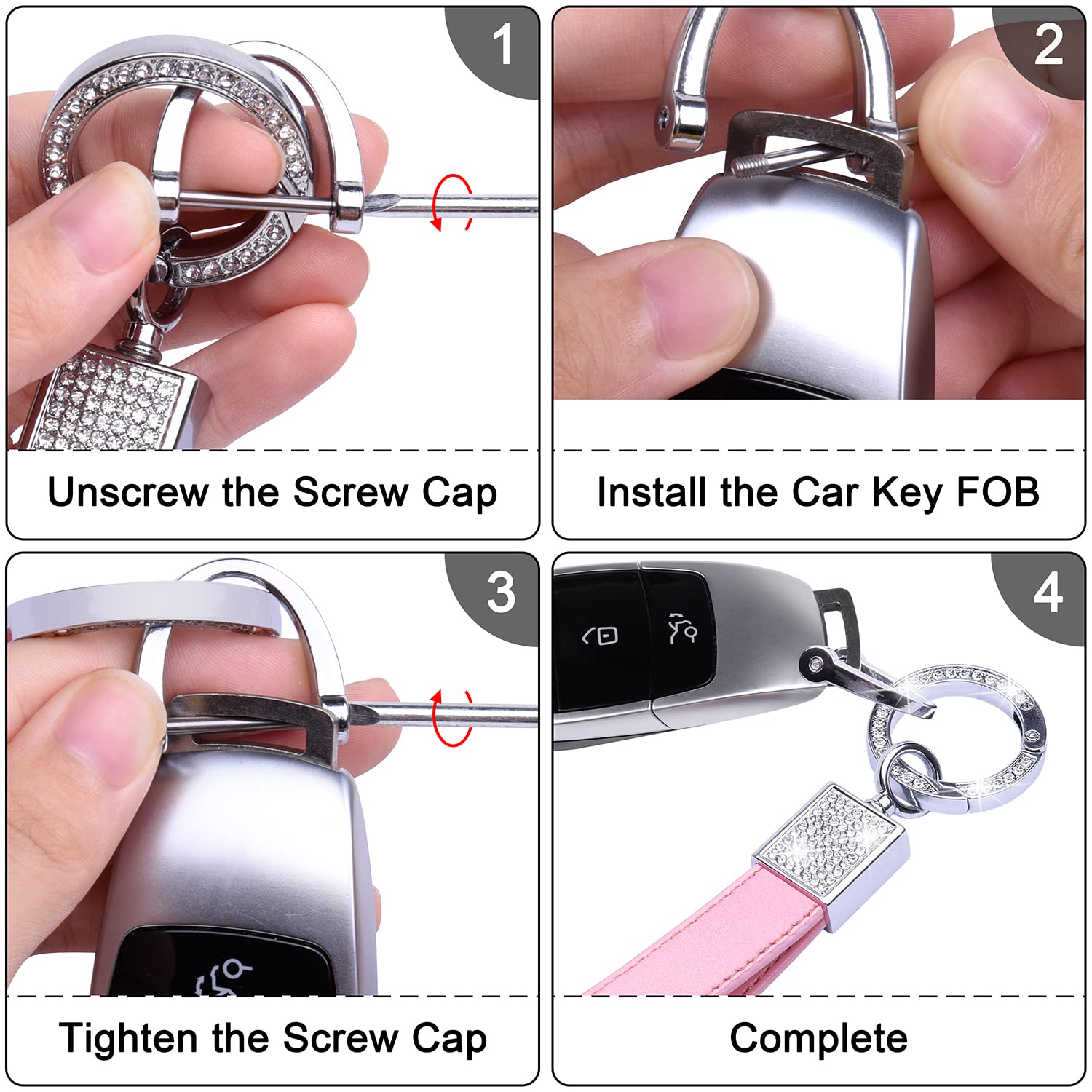 Wisdompro Bling Rhinestone Leather Keychain for Women - Crystal Key FOB Holder with 2 Key Rings, Car Key Accessories for Keyrings & Keychains (Pink) - Perfect for Car Keys, Purse, Handbag & Gift Giving