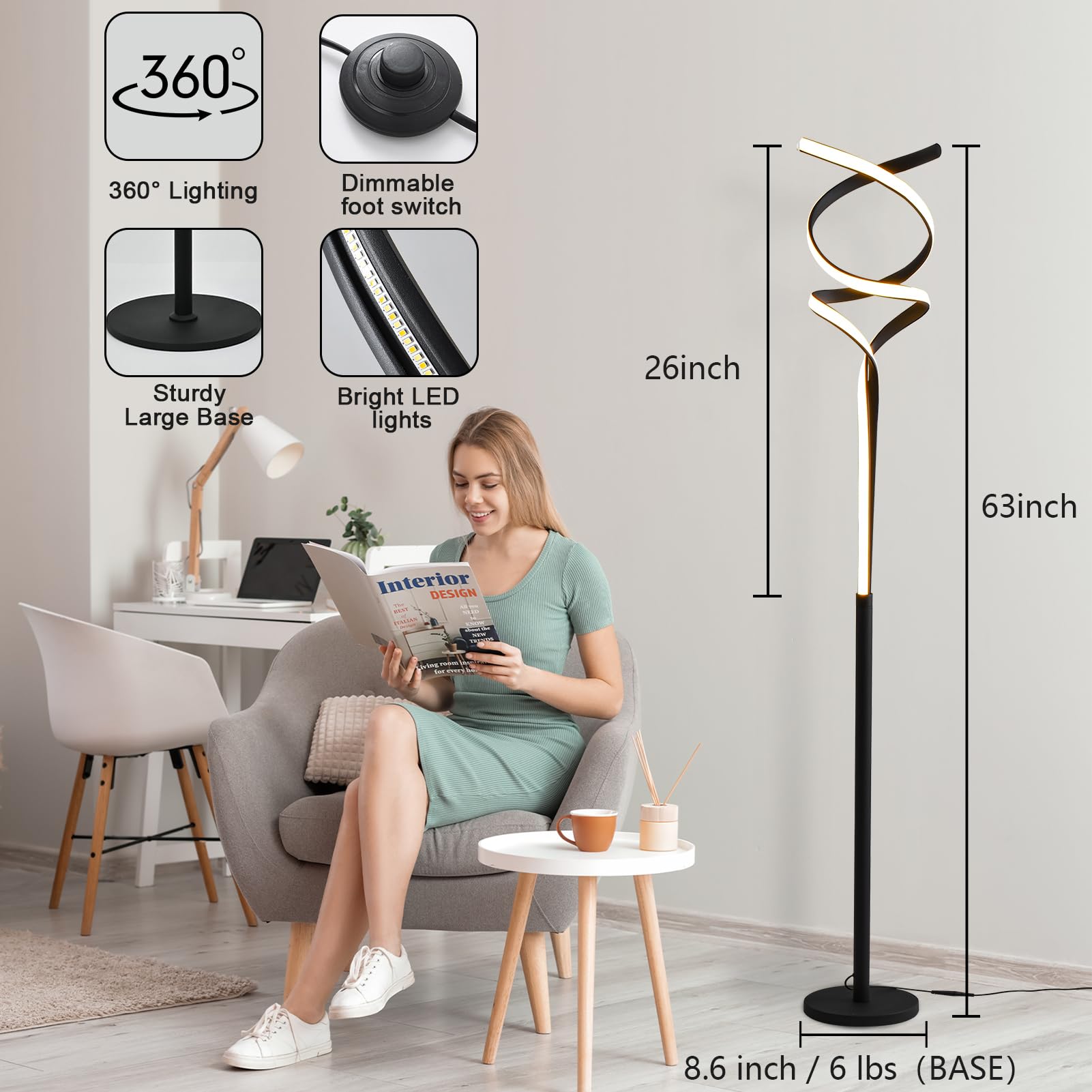 Modern LED Floor Lamp for Living Room & Bedroom - 40W 2500LM Bright Black Standing Light with Remote Control, 3-Color Dimmable, 63