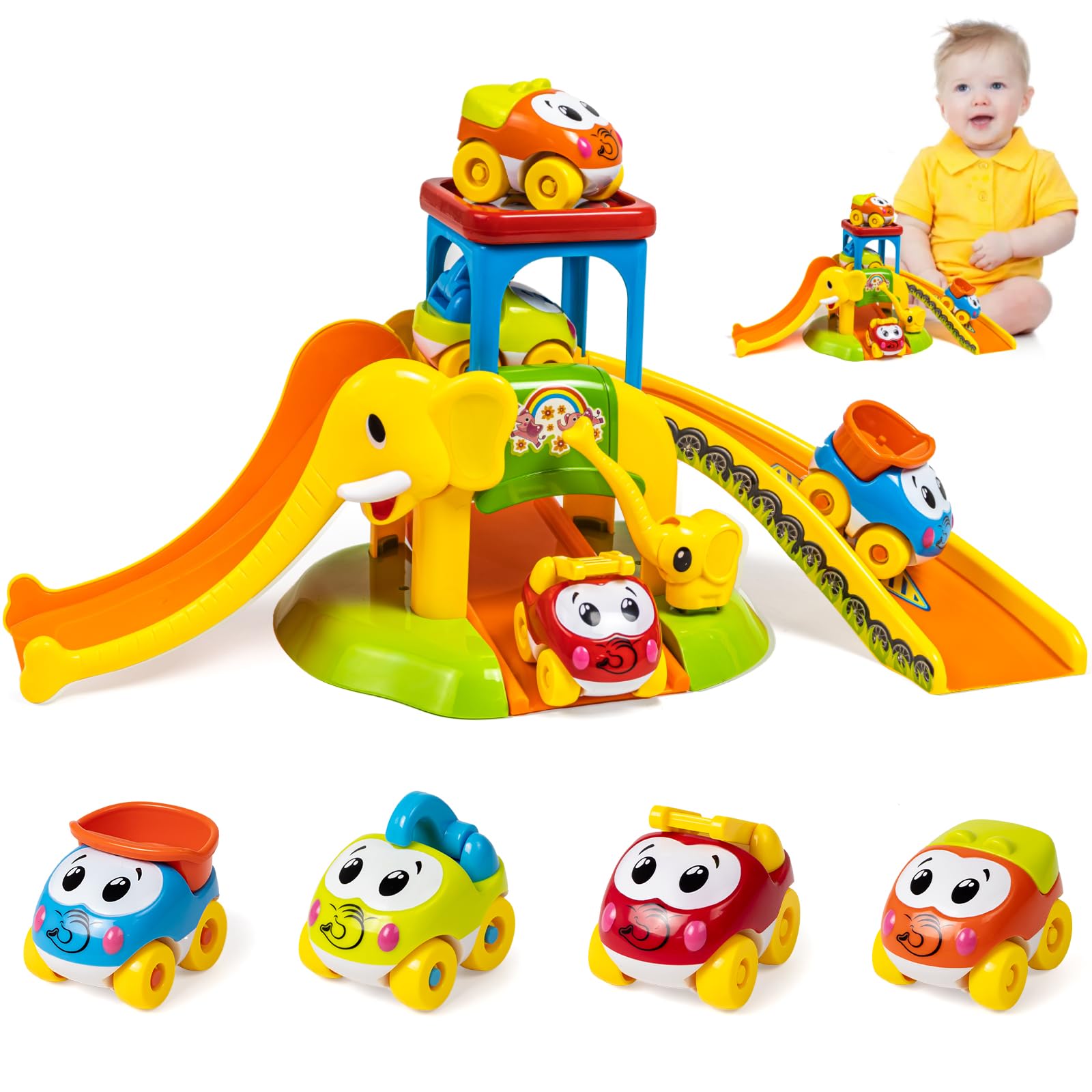 Marstone Baby Elephant Slide & Parking Lot Toy with 4 Animal Push Cars - Educational Toddler Learning Toy for Boys & Girls Ages 18+ Months, 2-3 Years | Perfect Birthday Gift for 2-3 Year Olds | Indoor Playroom & Preschool Activity Toy